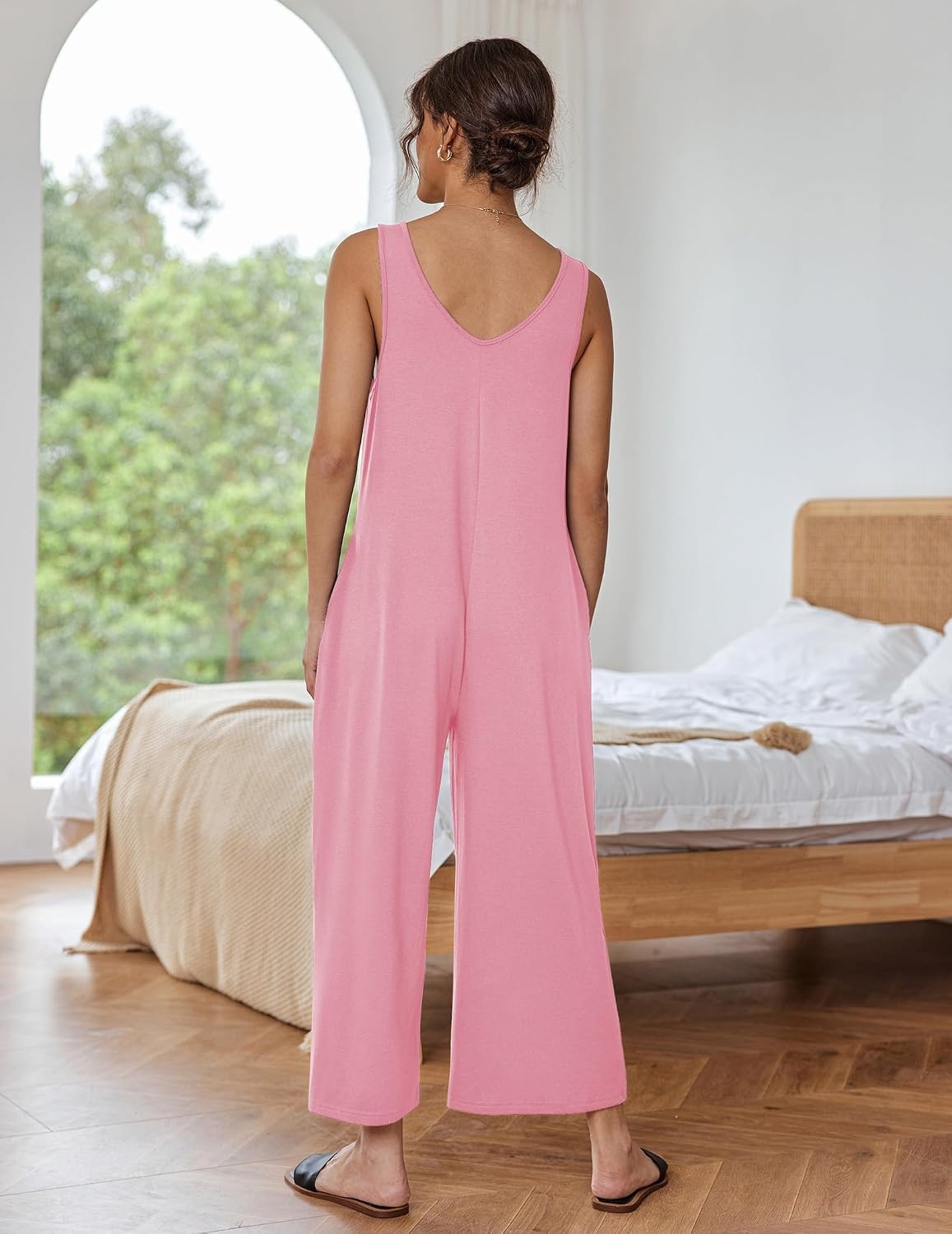 image:imageEkouaer Jumpsuits for Women Casual Summer Sleeveless Rompers Travel Outfits Loose Fit Wide Leg Overalls Printed Baggy Rompers Vacation Cruise Beach Jumpers with PocketsPink