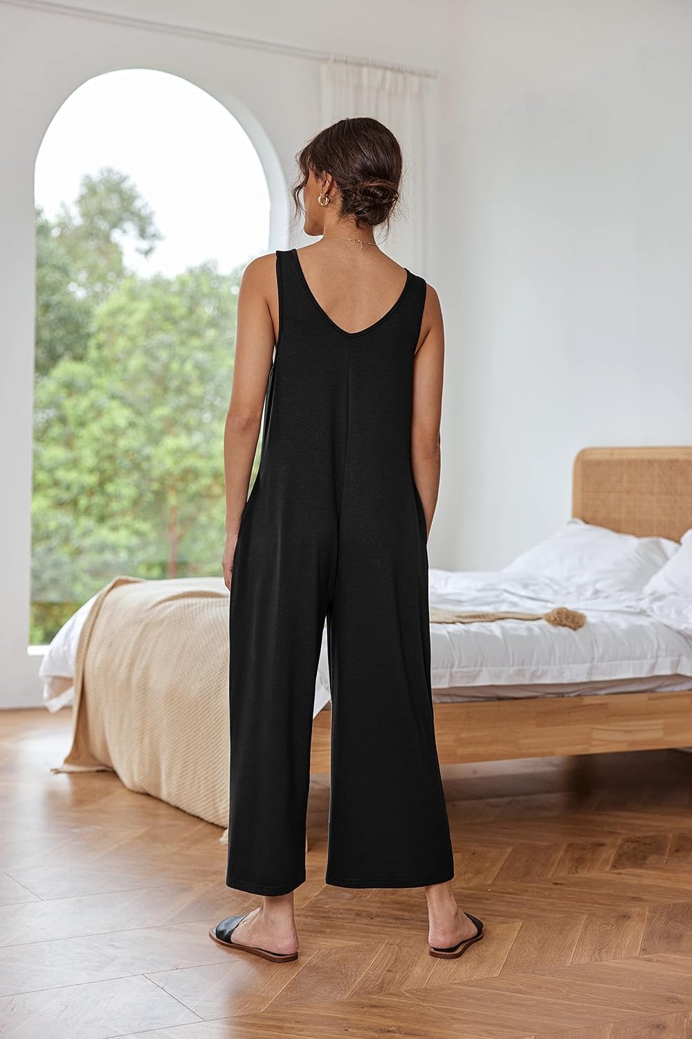 image:imageEkouaer Jumpsuits for Women Casual Summer Sleeveless Rompers Travel Outfits Loose Fit Wide Leg Overalls Printed Baggy Rompers Vacation Cruise Beach Jumpers with PocketsBlack