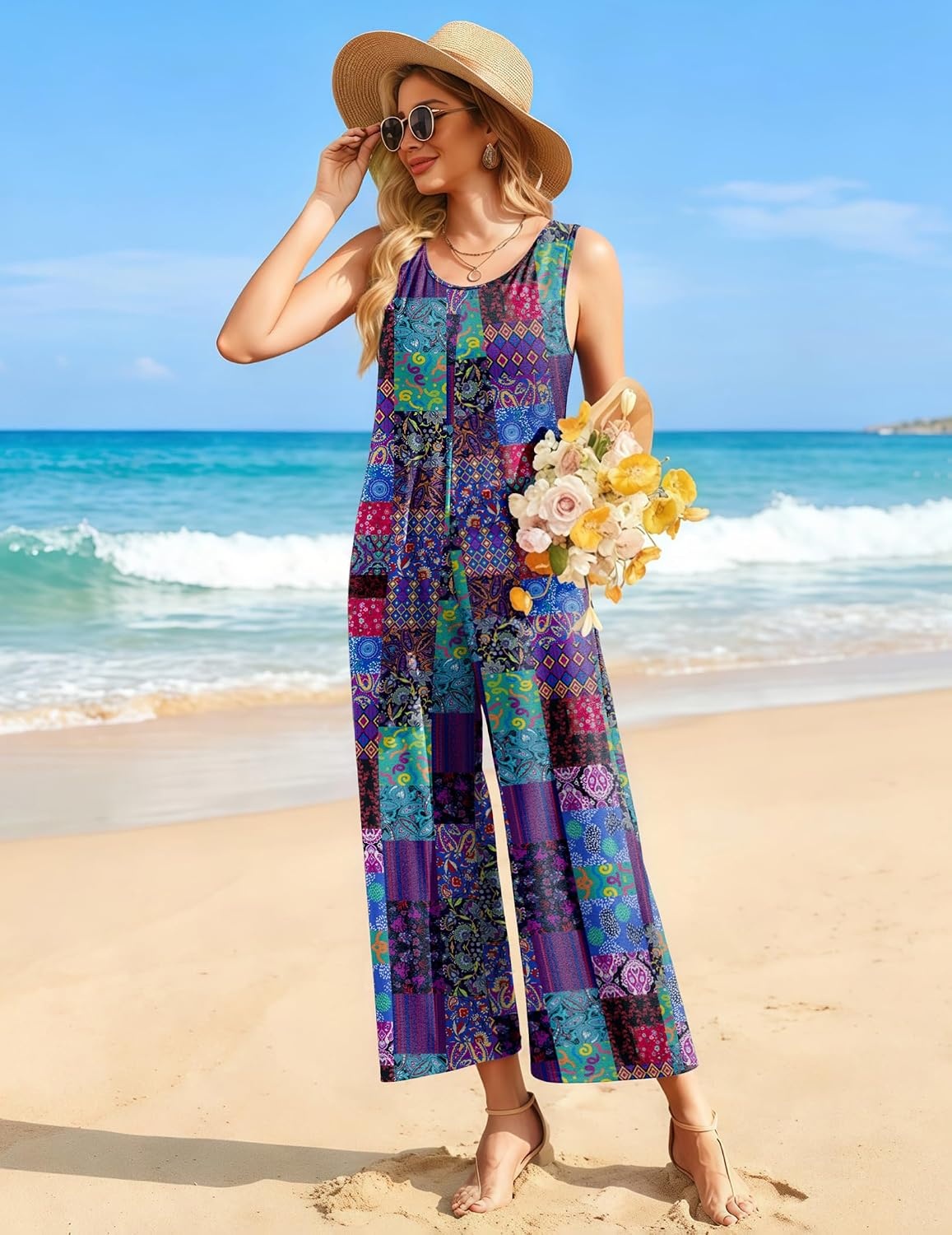 image:imageEkouaer Jumpsuits for Women Casual Summer Sleeveless Rompers Travel Outfits Loose Fit Wide Leg Overalls Printed Baggy Rompers Vacation Cruise Beach Jumpers with PocketsBlue Boho Print