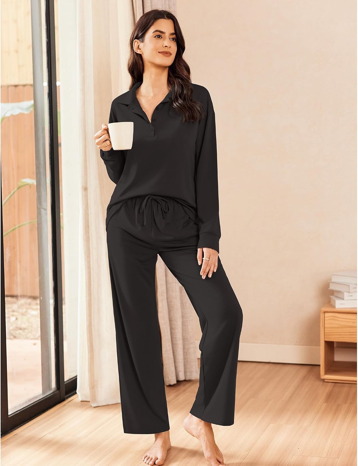 image:imageEkouaer Lounge Sets for Women 2 Piece Outfits 2026 Long Sleeve Top with PantsBlack