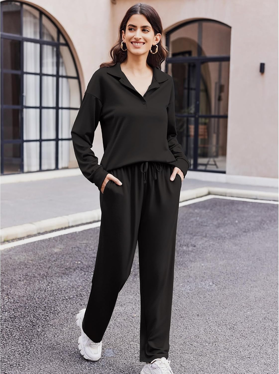 image:imageEkouaer Lounge Sets for Women 2 Piece Outfits 2026 Long Sleeve Top with PantsBlack
