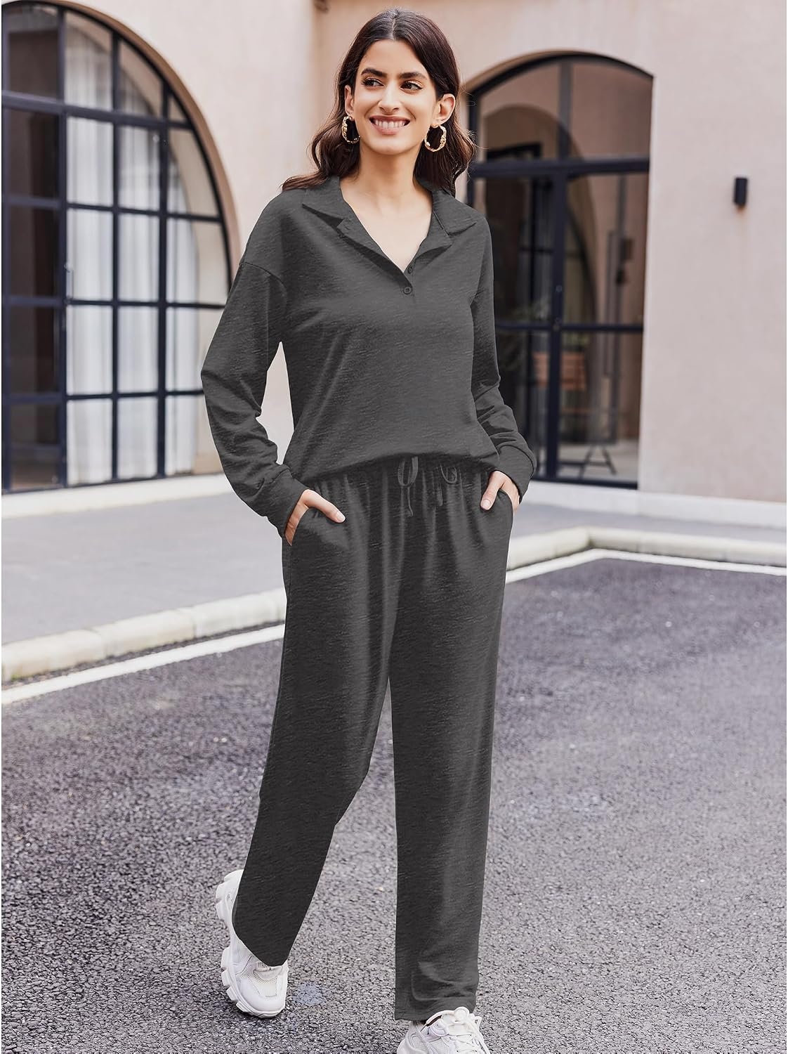 image:imageEkouaer Lounge Sets for Women 2 Piece Outfits 2026 Long Sleeve Top with PantsDark Grey