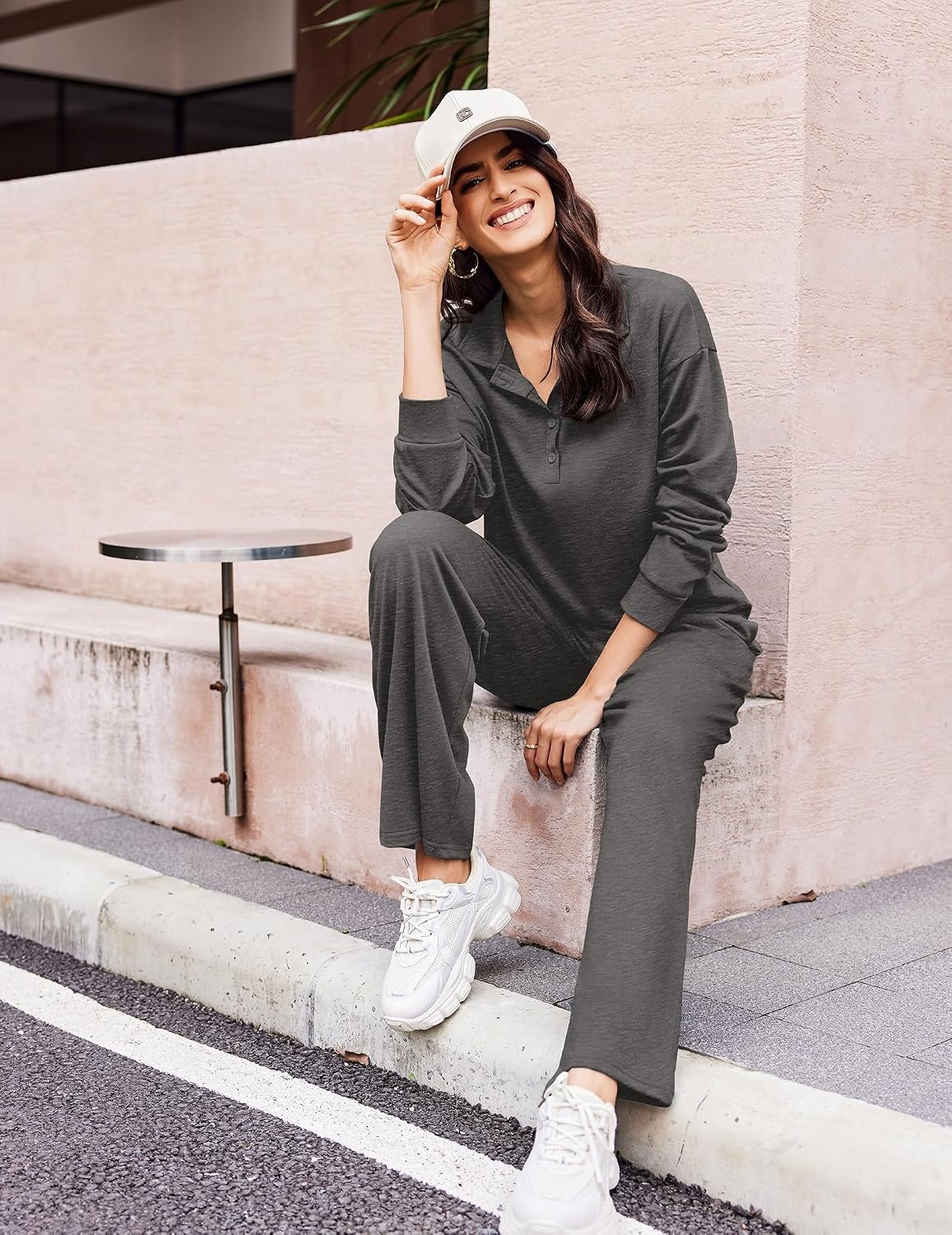 image:imageEkouaer Lounge Sets for Women 2 Piece Outfits 2026 Long Sleeve Top with PantsDark Grey