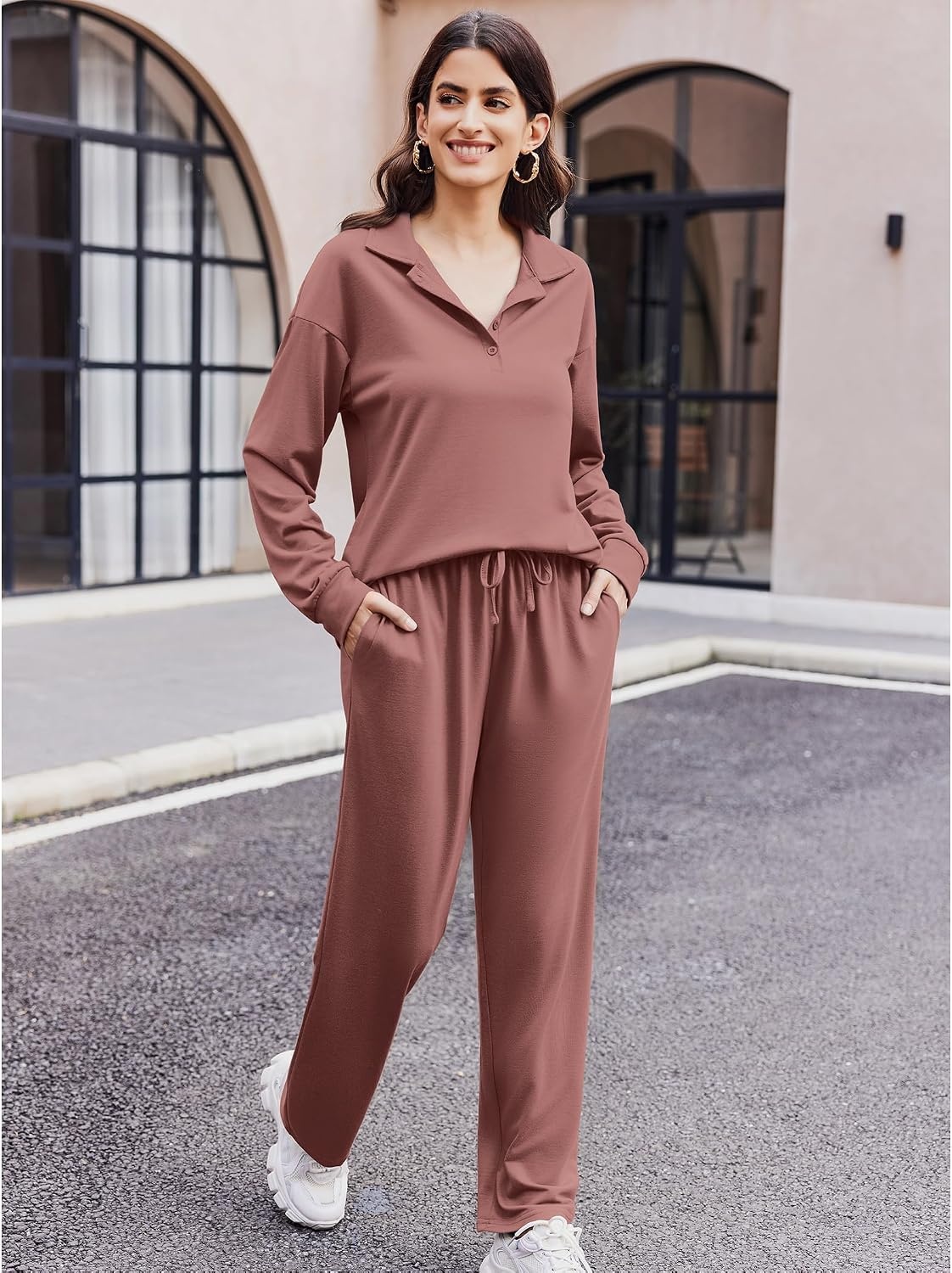 image:imageEkouaer Lounge Sets for Women 2 Piece Outfits 2026 Long Sleeve Top with PantsDusty Rose