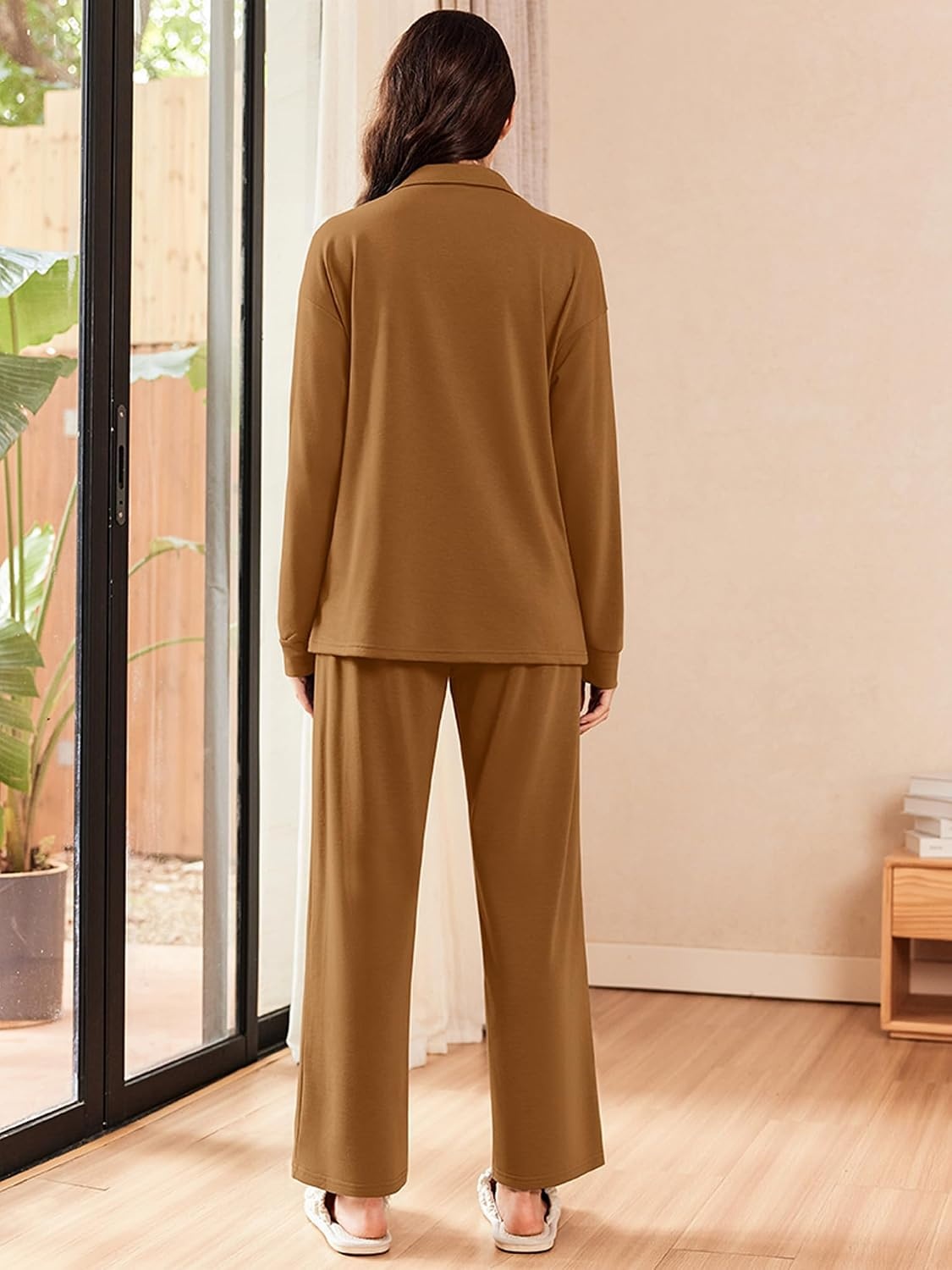 image:imageEkouaer Lounge Sets for Women 2 Piece Outfits 2026 Long Sleeve Top with PantsLight Brown