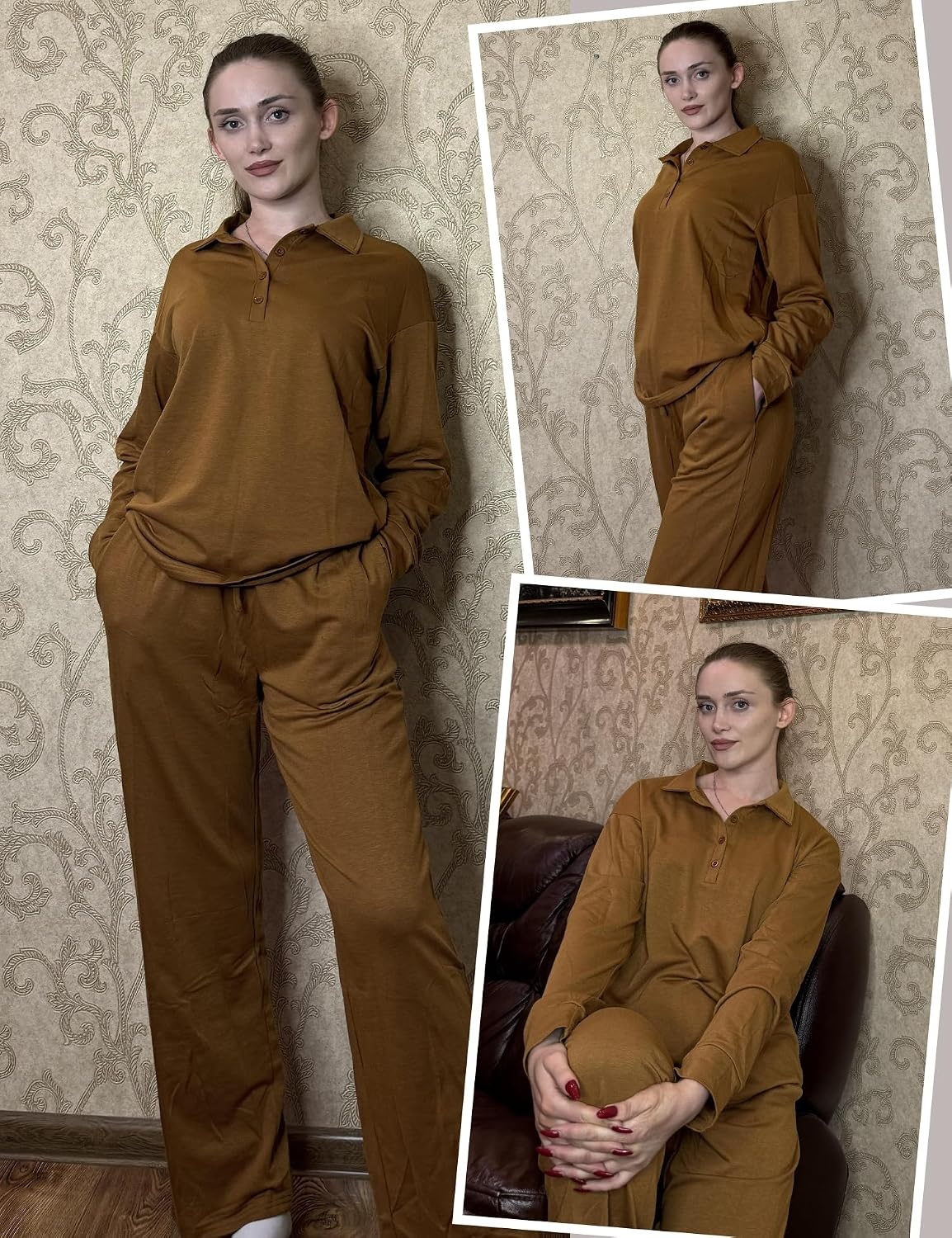 image:imageEkouaer Lounge Sets for Women 2 Piece Outfits 2026 Long Sleeve Top with PantsLight Brown