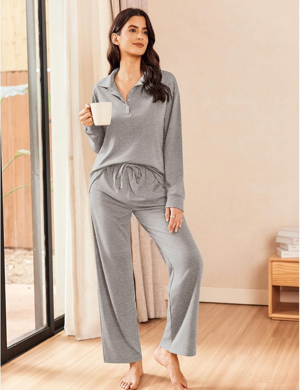 image:imageEkouaer Lounge Sets for Women 2 Piece Outfits 2026 Long Sleeve Top with PantsLight Grey