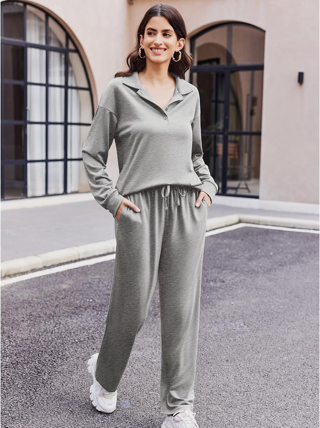 image:imageEkouaer Lounge Sets for Women 2 Piece Outfits 2026 Long Sleeve Top with PantsLight Grey