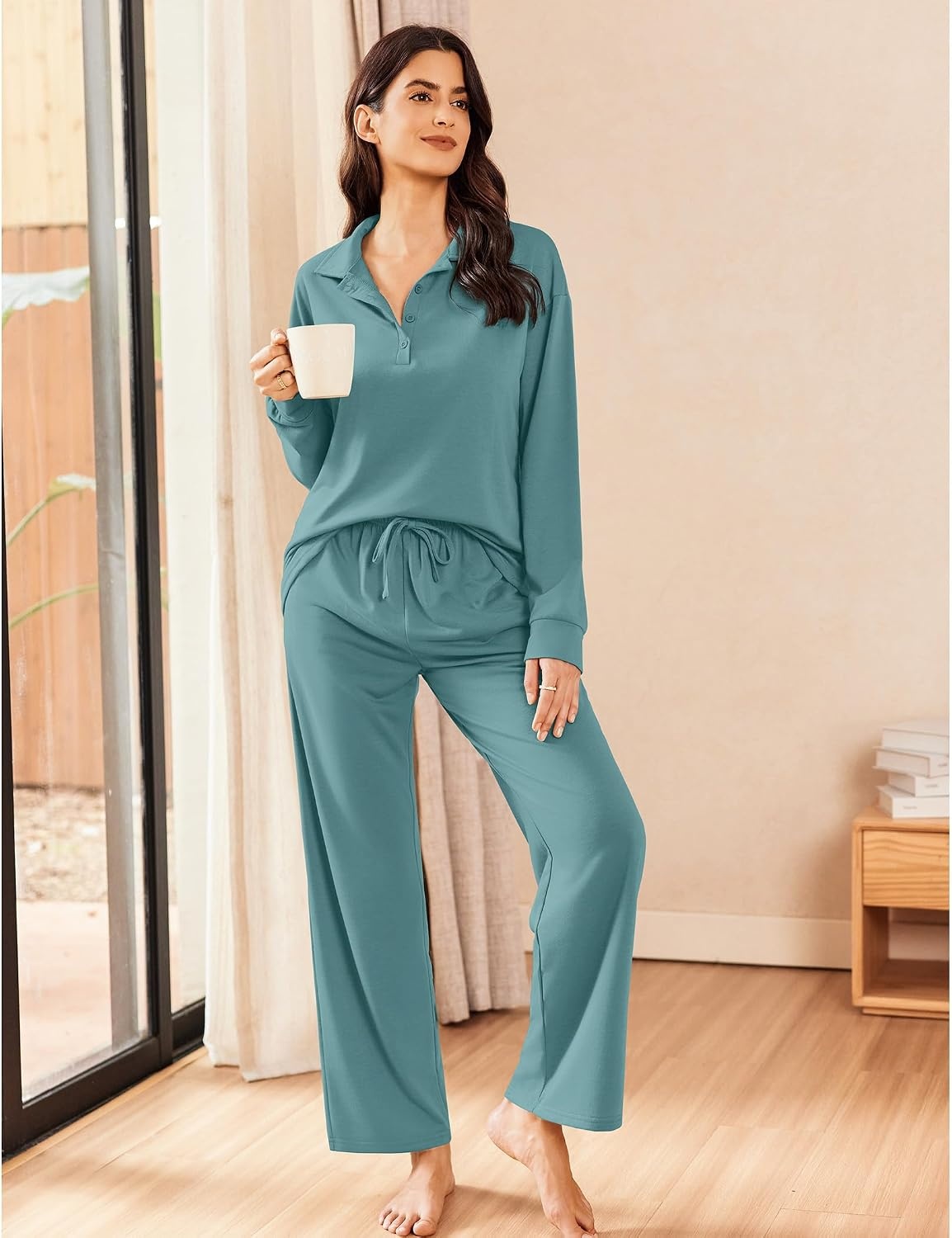 image:imageEkouaer Lounge Sets for Women 2 Piece Outfits 2026 Long Sleeve Top with PantsPeacock Blue