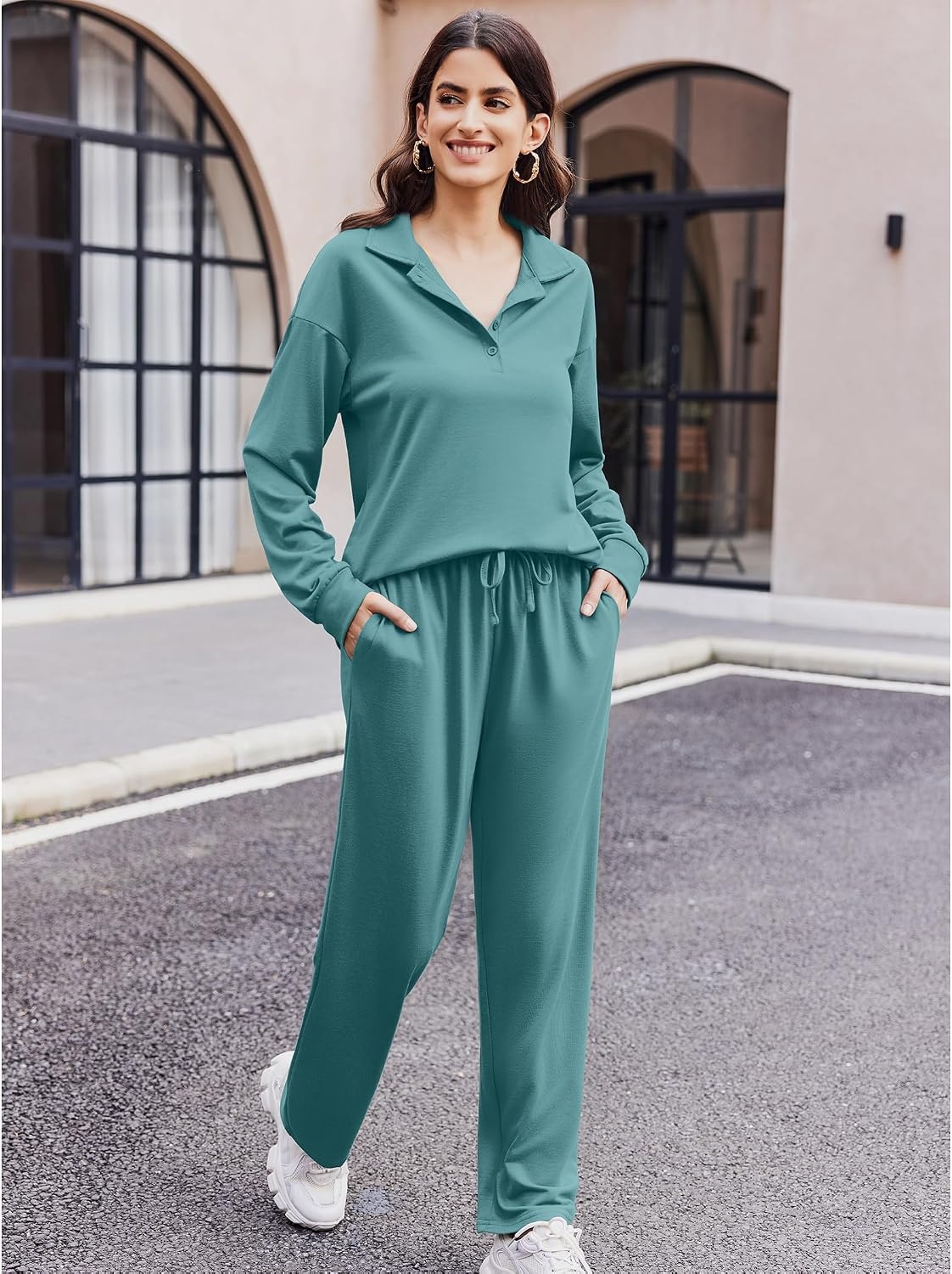 image:imageEkouaer Lounge Sets for Women 2 Piece Outfits 2026 Long Sleeve Top with PantsPeacock Blue