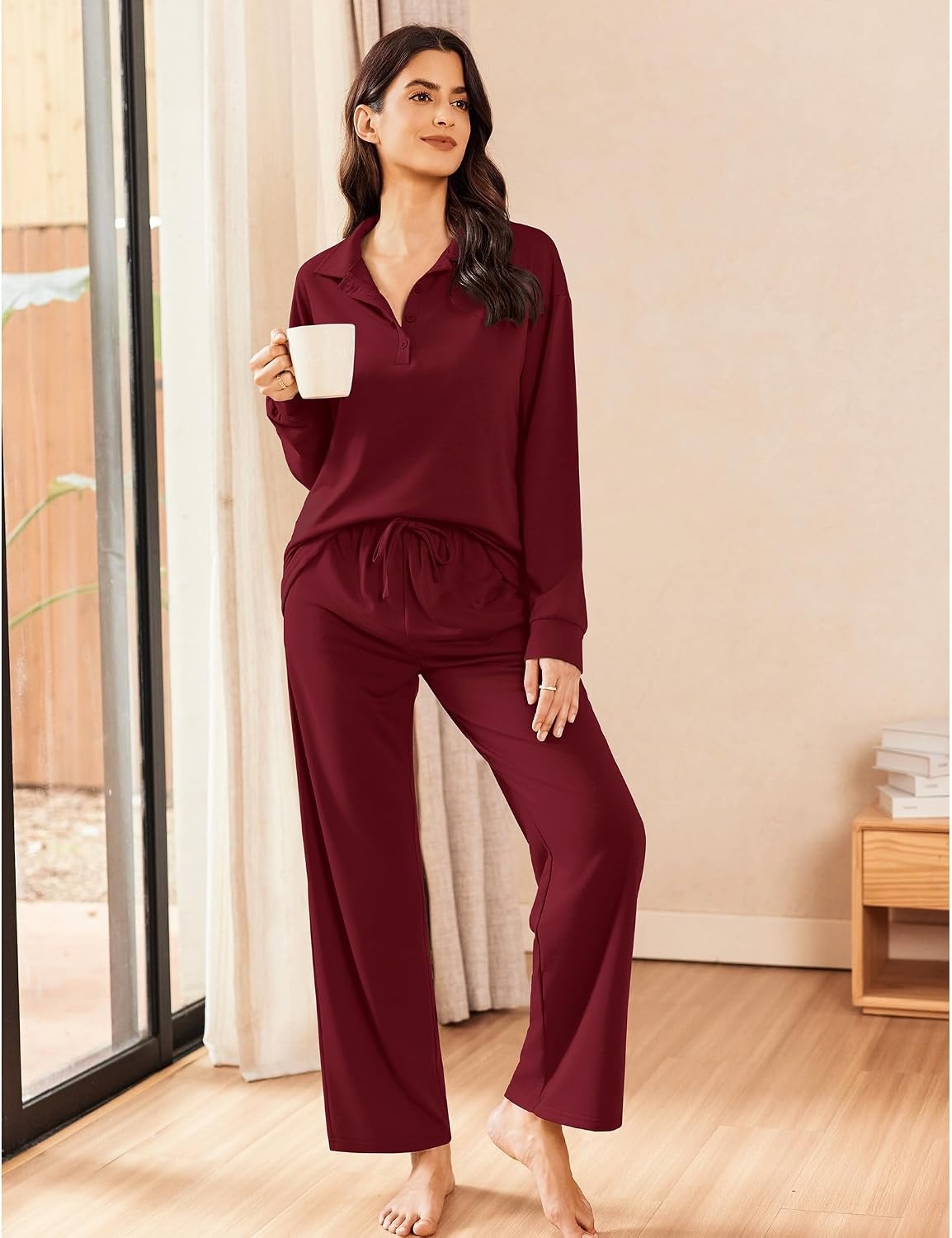 image:imageEkouaer Lounge Sets for Women 2 Piece Outfits 2026 Long Sleeve Top with PantsWine Red