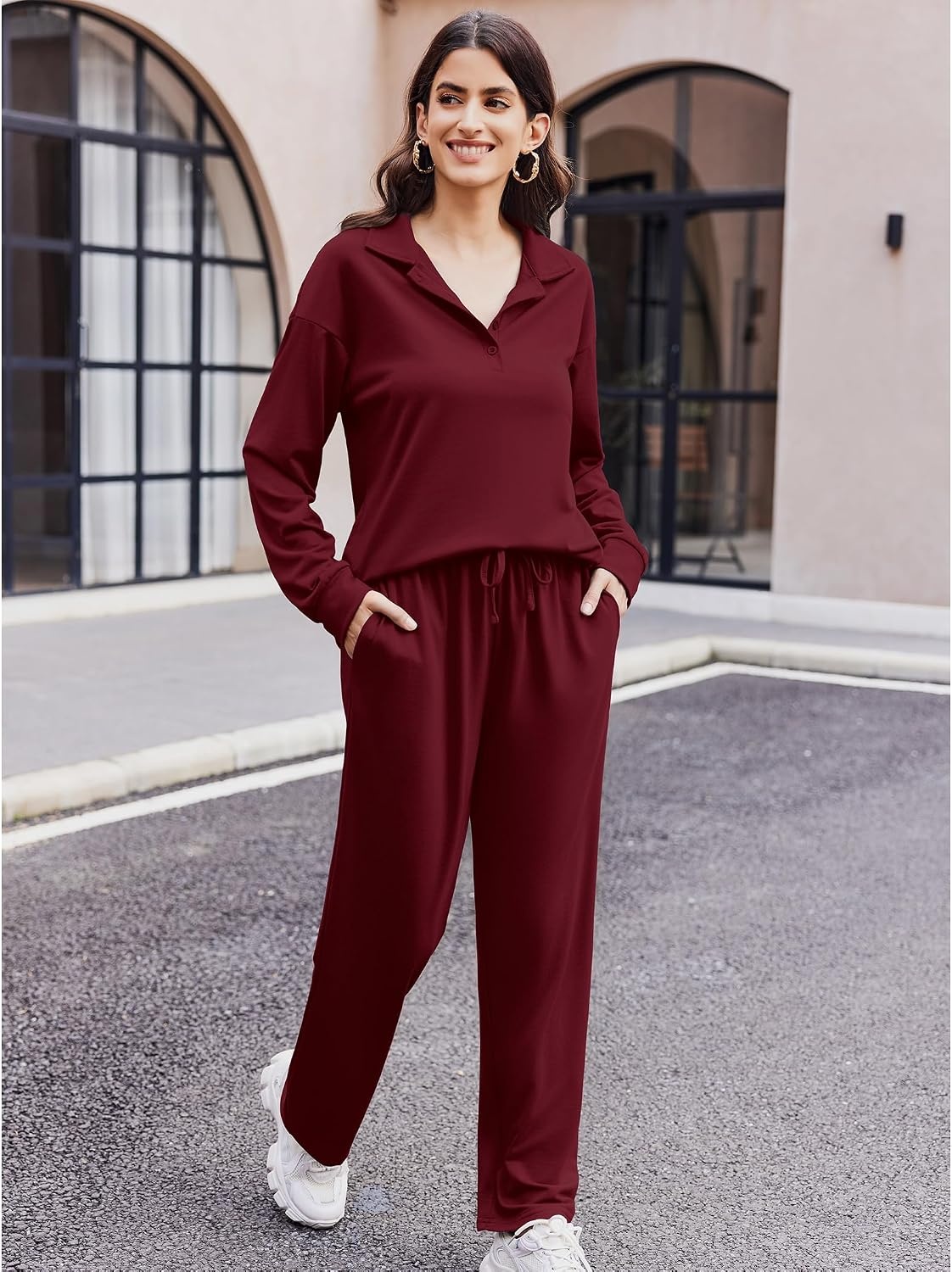 image:imageEkouaer Lounge Sets for Women 2 Piece Outfits 2026 Long Sleeve Top with PantsWine Red