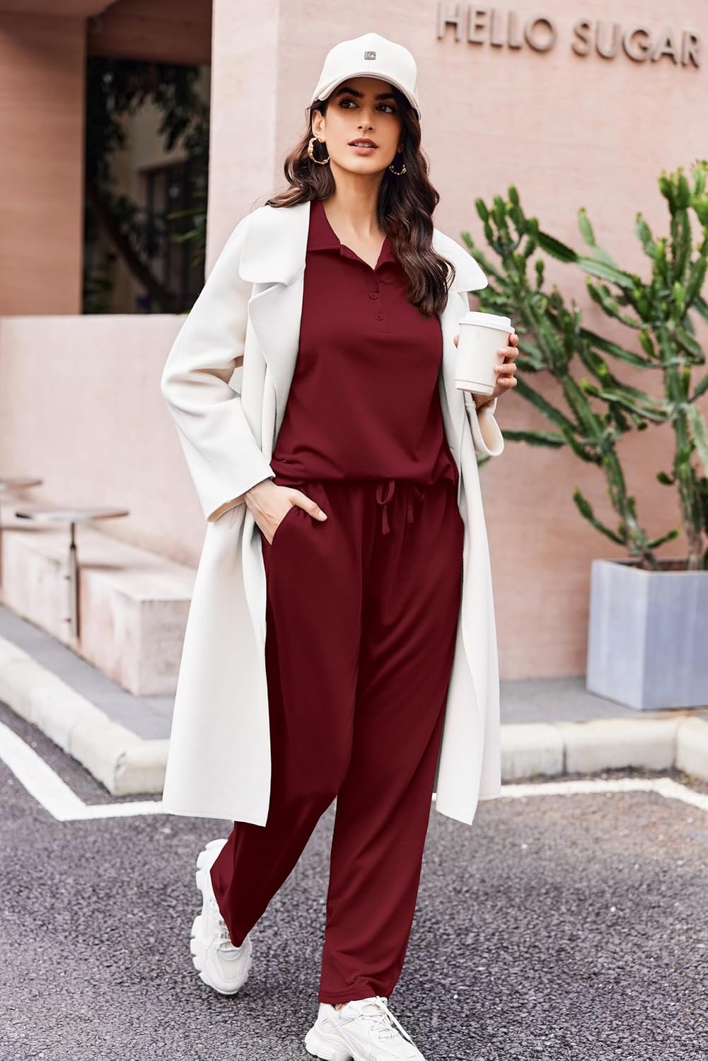 image:imageEkouaer Lounge Sets for Women 2 Piece Outfits 2026 Long Sleeve Top with PantsWine Red