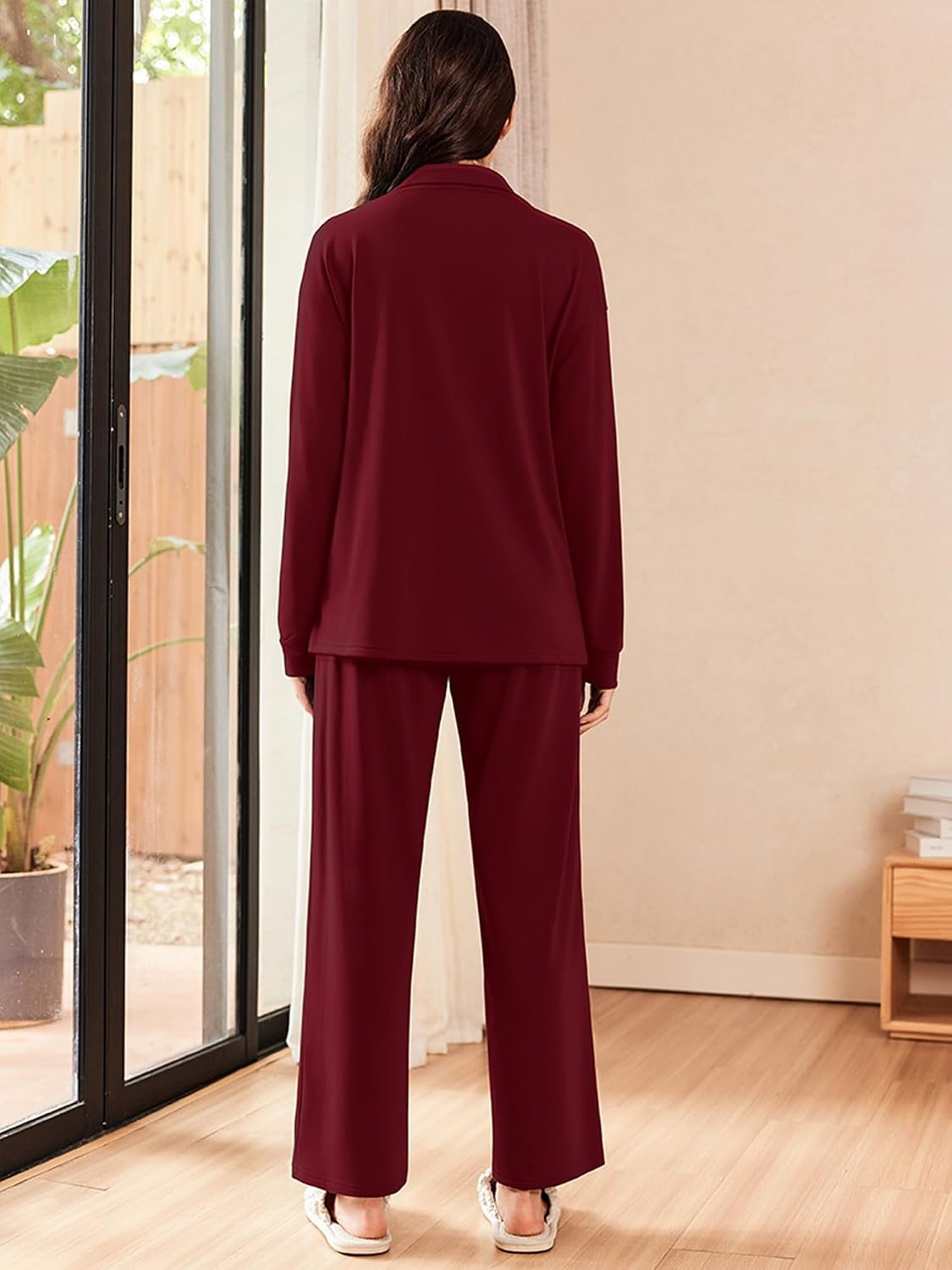 image:imageEkouaer Lounge Sets for Women 2 Piece Outfits 2026 Long Sleeve Top with PantsWine Red