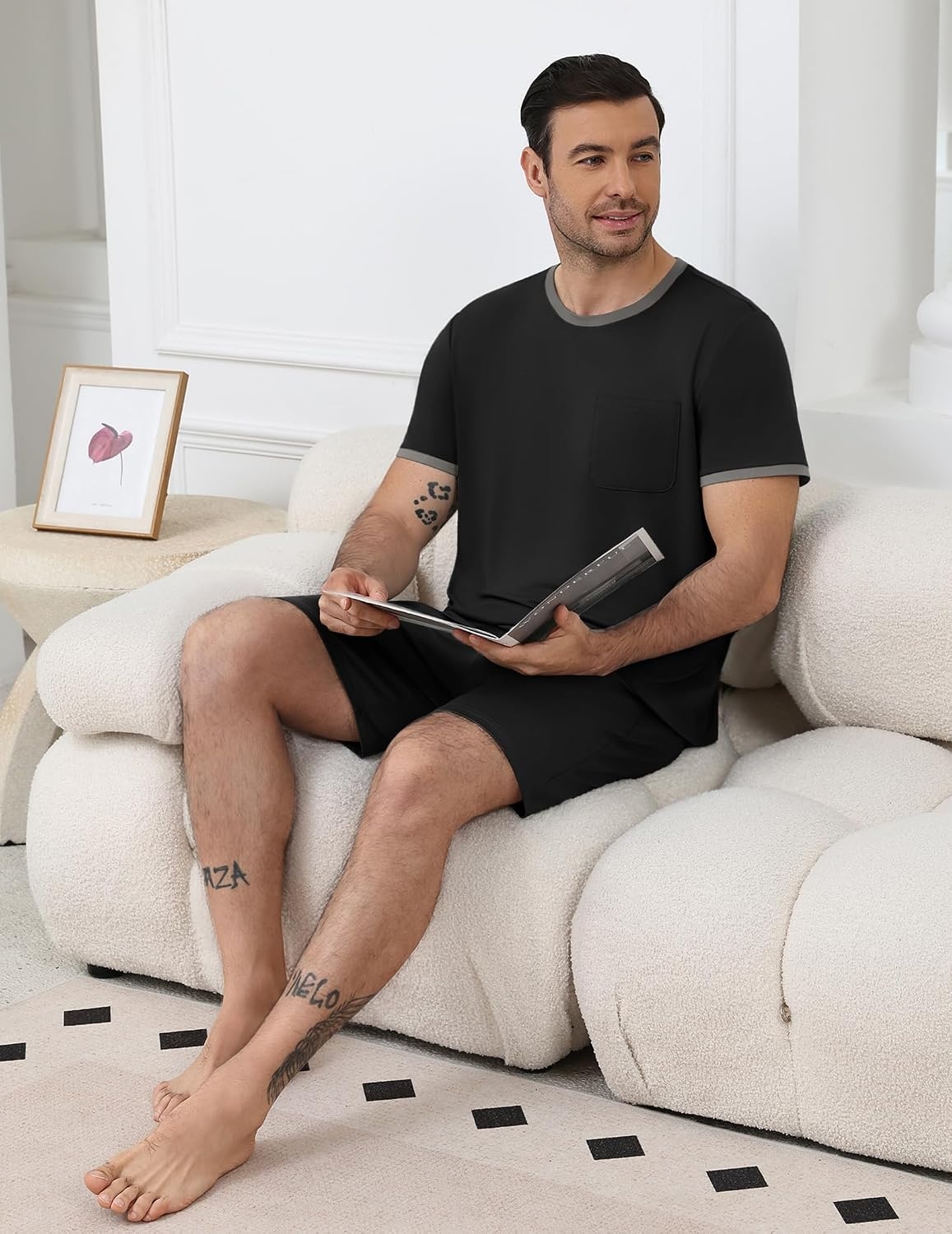 image:imageEkouaer Mens Pajamas Sets Shorts Soft Short Sleeve Pjs Round Neck Summer Sleepwear Soft Casual Sleep Nightwear Lounge Sets Pants with Pockets SXXLBlack