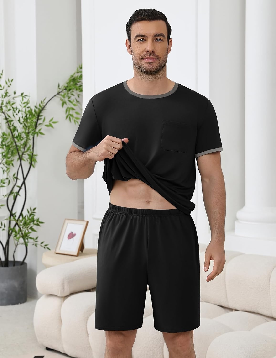 image:imageEkouaer Mens Pajamas Sets Shorts Soft Short Sleeve Pjs Round Neck Summer Sleepwear Soft Casual Sleep Nightwear Lounge Sets Pants with Pockets SXXLBlack