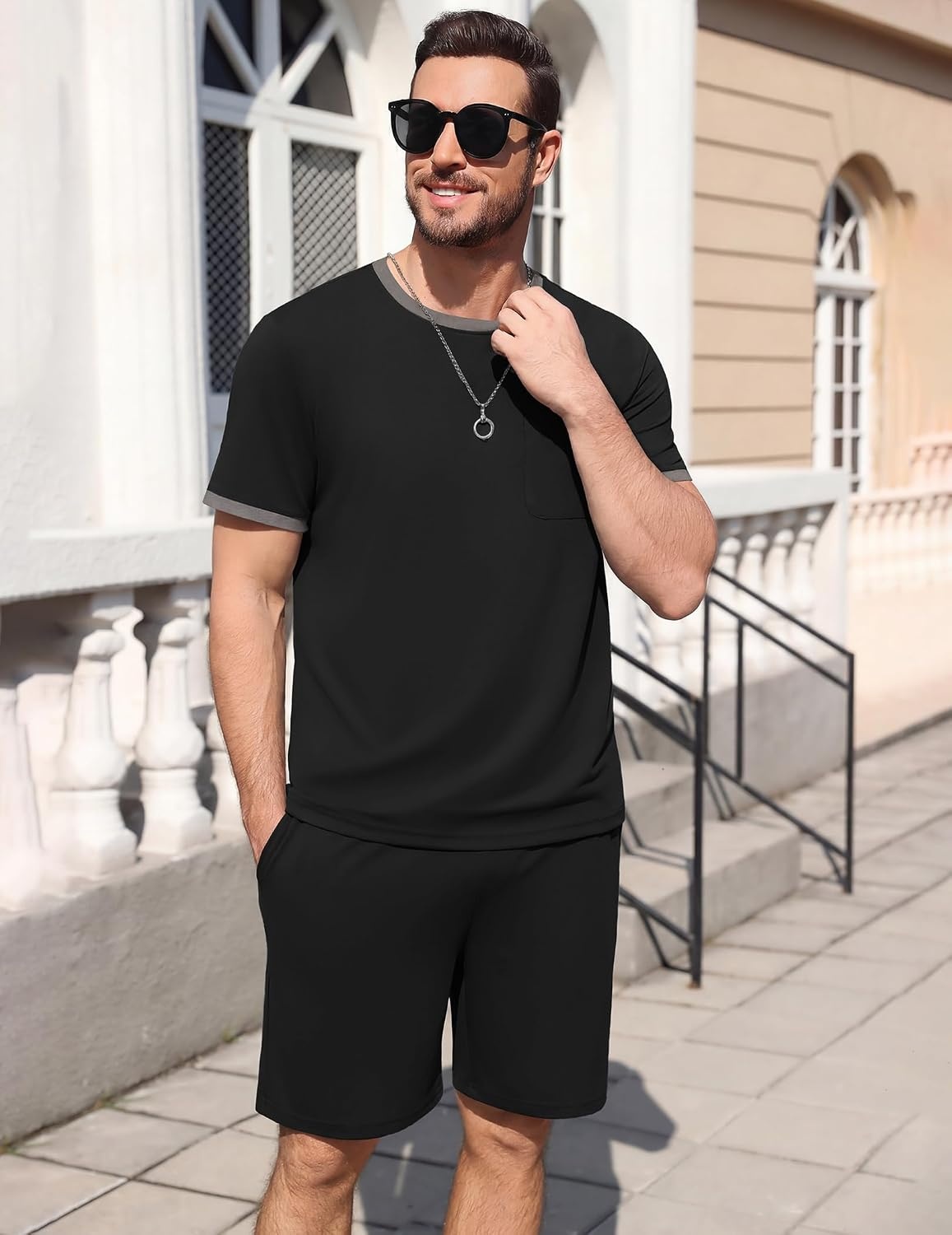 image:imageEkouaer Mens Pajamas Sets Shorts Soft Short Sleeve Pjs Round Neck Summer Sleepwear Soft Casual Sleep Nightwear Lounge Sets Pants with Pockets SXXLBlack