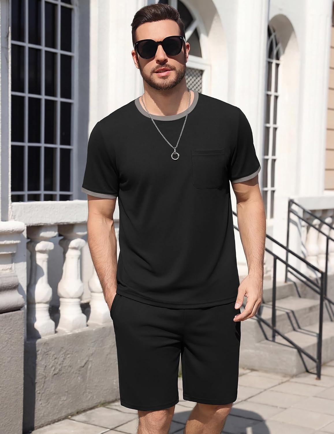 image:imageEkouaer Mens Pajamas Sets Shorts Soft Short Sleeve Pjs Round Neck Summer Sleepwear Soft Casual Sleep Nightwear Lounge Sets Pants with Pockets SXXLBlack