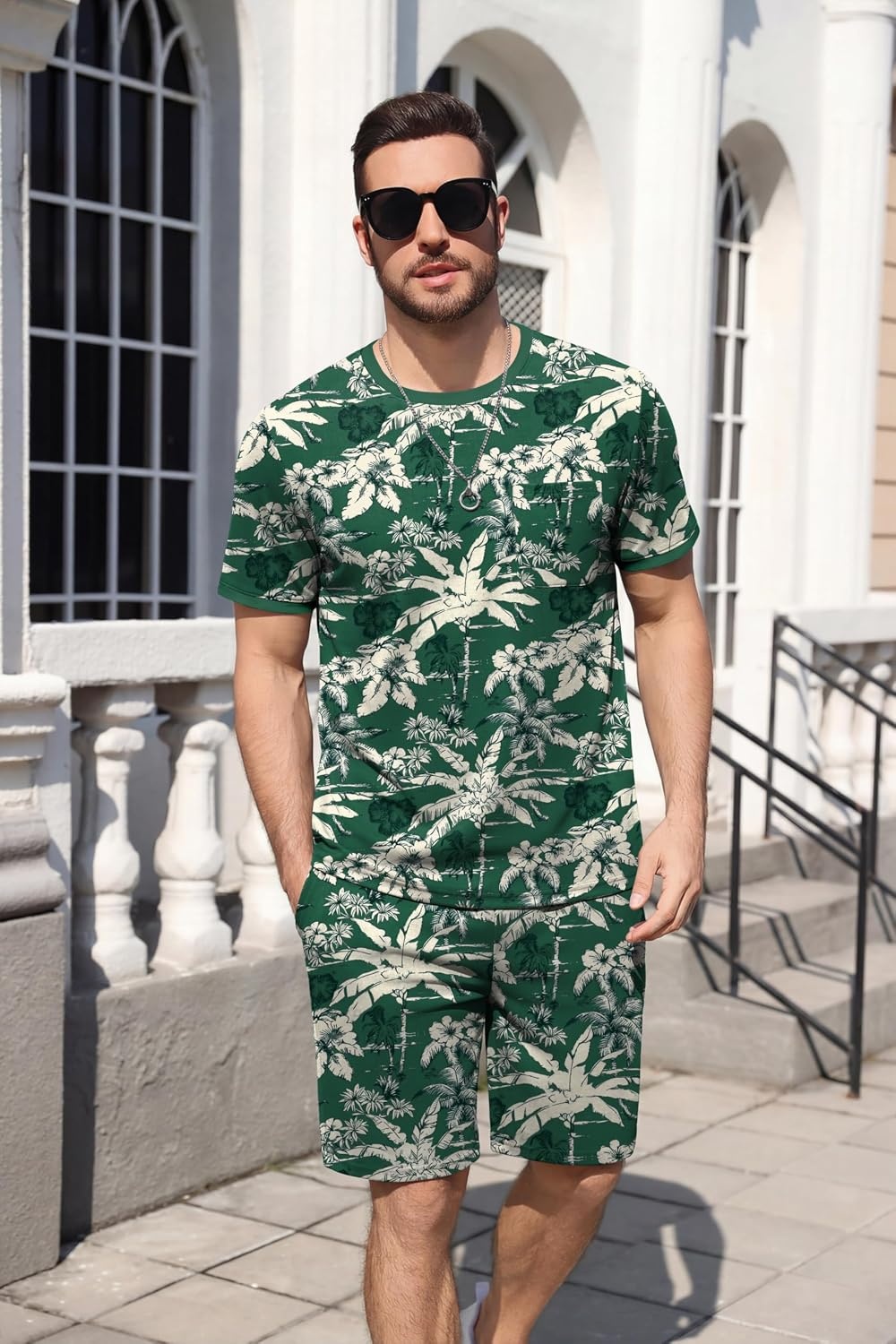 image:imageEkouaer Mens Pajamas Sets Shorts Soft Short Sleeve Pjs Round Neck Summer Sleepwear Soft Casual Sleep Nightwear Lounge Sets Pants with Pockets SXXLCoconut Tree Green