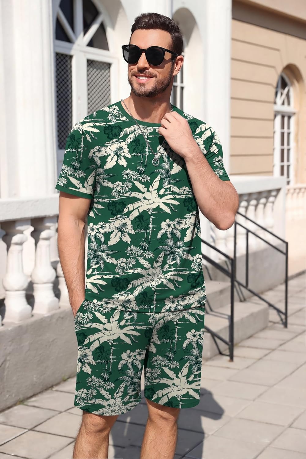 image:imageEkouaer Mens Pajamas Sets Shorts Soft Short Sleeve Pjs Round Neck Summer Sleepwear Soft Casual Sleep Nightwear Lounge Sets Pants with Pockets SXXLCoconut Tree Green