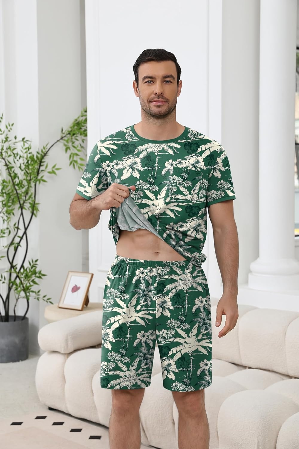 image:imageEkouaer Mens Pajamas Sets Shorts Soft Short Sleeve Pjs Round Neck Summer Sleepwear Soft Casual Sleep Nightwear Lounge Sets Pants with Pockets SXXLCoconut Tree Green