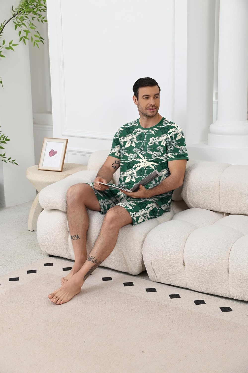 image:imageEkouaer Mens Pajamas Sets Shorts Soft Short Sleeve Pjs Round Neck Summer Sleepwear Soft Casual Sleep Nightwear Lounge Sets Pants with Pockets SXXLCoconut Tree Green