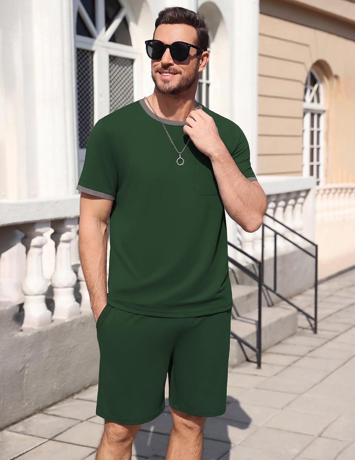 image:imageEkouaer Mens Pajamas Sets Shorts Soft Short Sleeve Pjs Round Neck Summer Sleepwear Soft Casual Sleep Nightwear Lounge Sets Pants with Pockets SXXLDeep Green