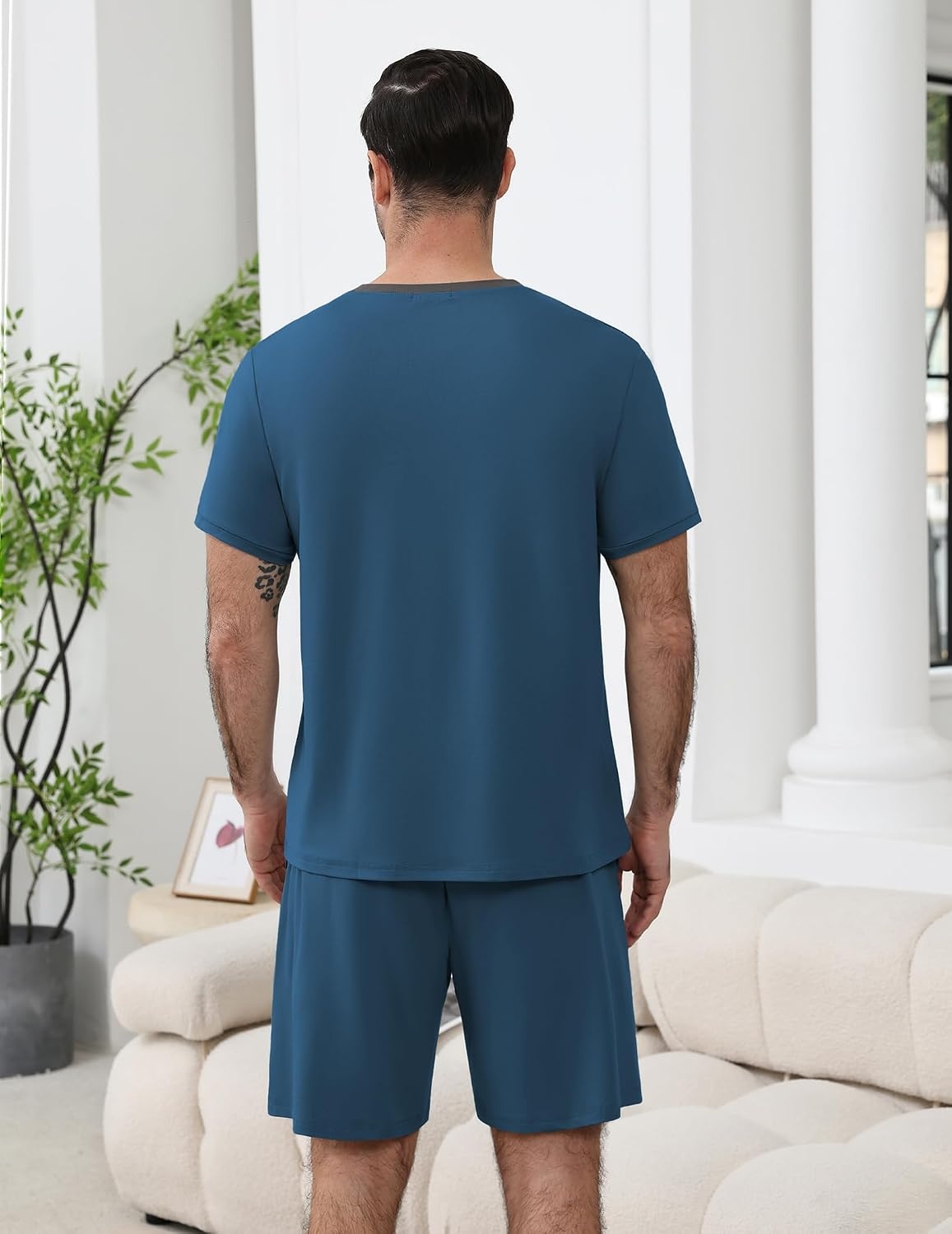 image:imageEkouaer Mens Pajamas Sets Shorts Soft Short Sleeve Pjs Round Neck Summer Sleepwear Soft Casual Sleep Nightwear Lounge Sets Pants with Pockets SXXLDeep Blue