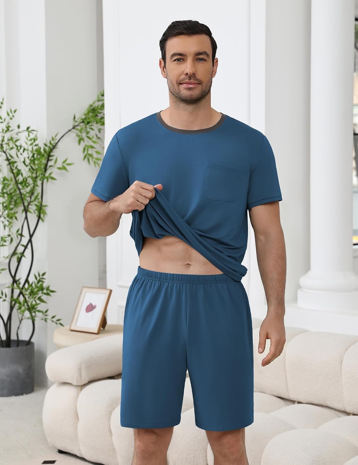 image:imageEkouaer Mens Pajamas Sets Shorts Soft Short Sleeve Pjs Round Neck Summer Sleepwear Soft Casual Sleep Nightwear Lounge Sets Pants with Pockets SXXLDeep Blue