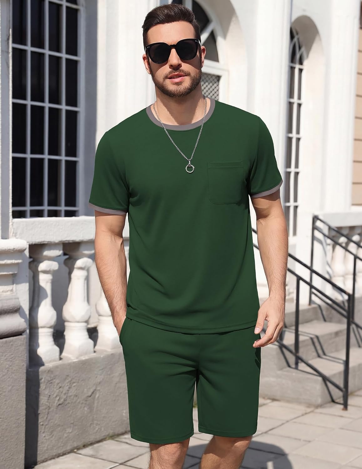 image:imageEkouaer Mens Pajamas Sets Shorts Soft Short Sleeve Pjs Round Neck Summer Sleepwear Soft Casual Sleep Nightwear Lounge Sets Pants with Pockets SXXLDeep Green