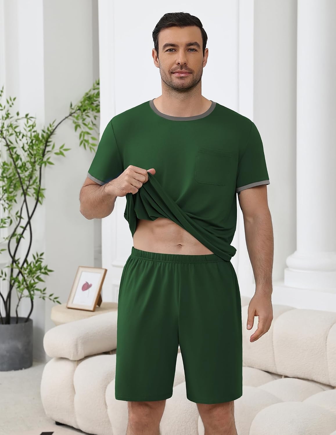 image:imageEkouaer Mens Pajamas Sets Shorts Soft Short Sleeve Pjs Round Neck Summer Sleepwear Soft Casual Sleep Nightwear Lounge Sets Pants with Pockets SXXLDeep Green