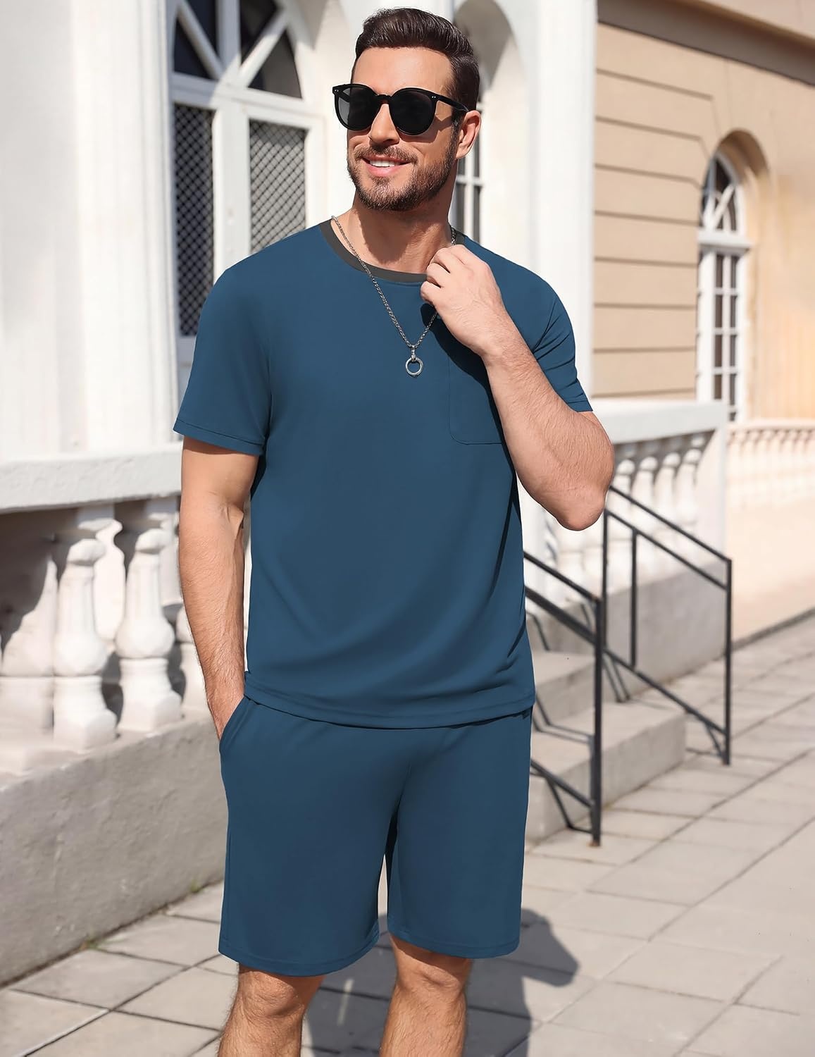 image:imageEkouaer Mens Pajamas Sets Shorts Soft Short Sleeve Pjs Round Neck Summer Sleepwear Soft Casual Sleep Nightwear Lounge Sets Pants with Pockets SXXLDeep Blue