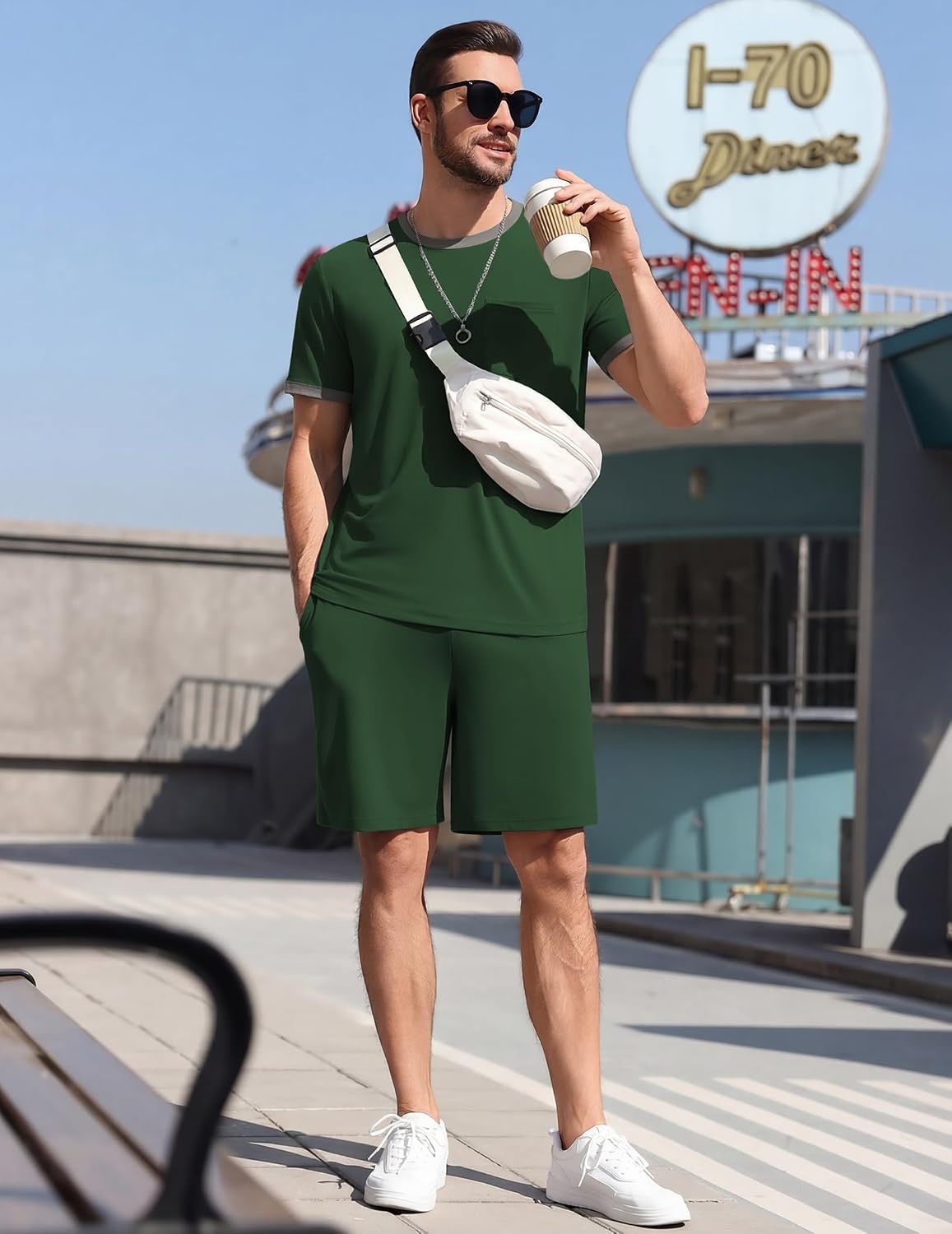 image:imageEkouaer Mens Pajamas Sets Shorts Soft Short Sleeve Pjs Round Neck Summer Sleepwear Soft Casual Sleep Nightwear Lounge Sets Pants with Pockets SXXLDeep Green
