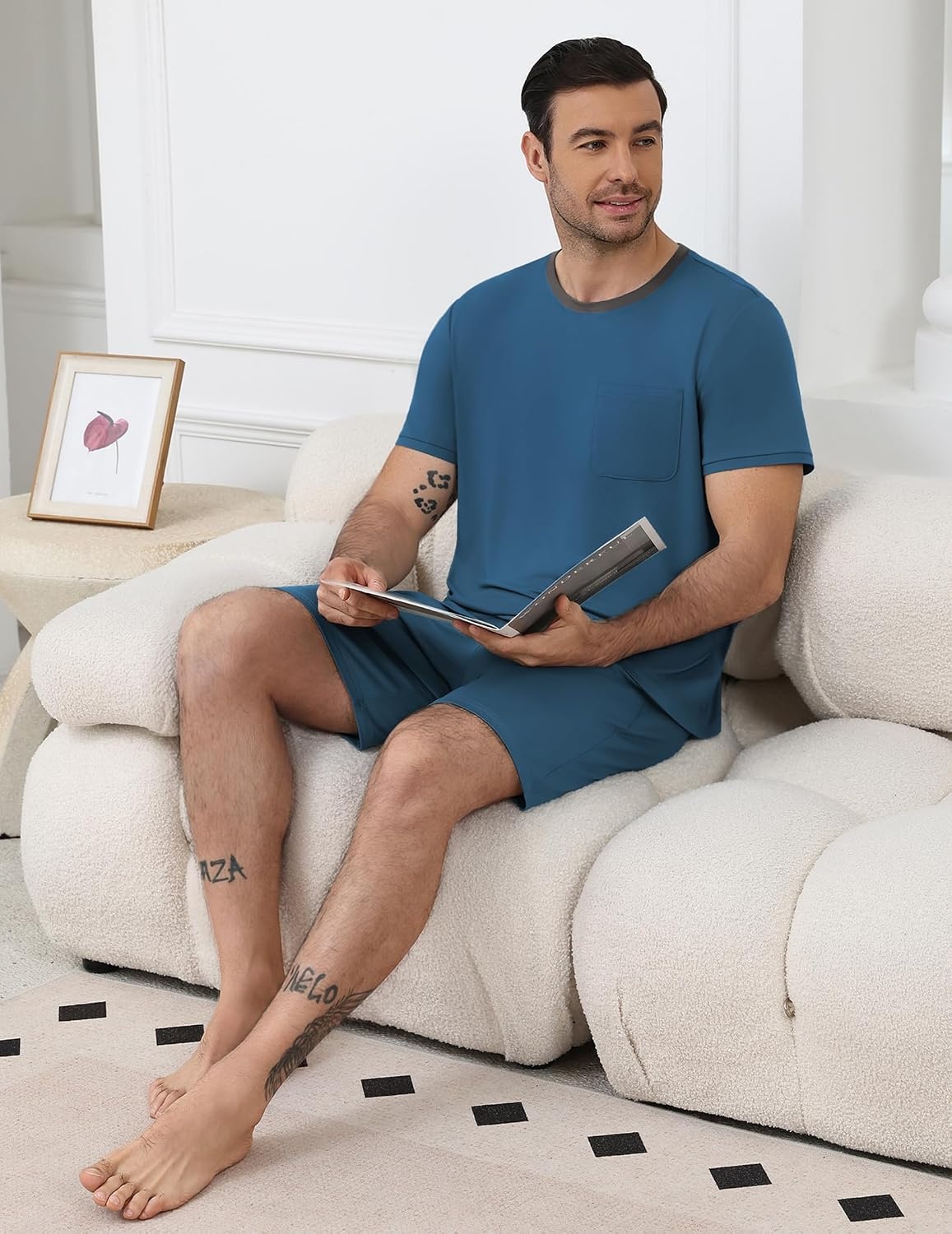 image:imageEkouaer Mens Pajamas Sets Shorts Soft Short Sleeve Pjs Round Neck Summer Sleepwear Soft Casual Sleep Nightwear Lounge Sets Pants with Pockets SXXLDeep Blue