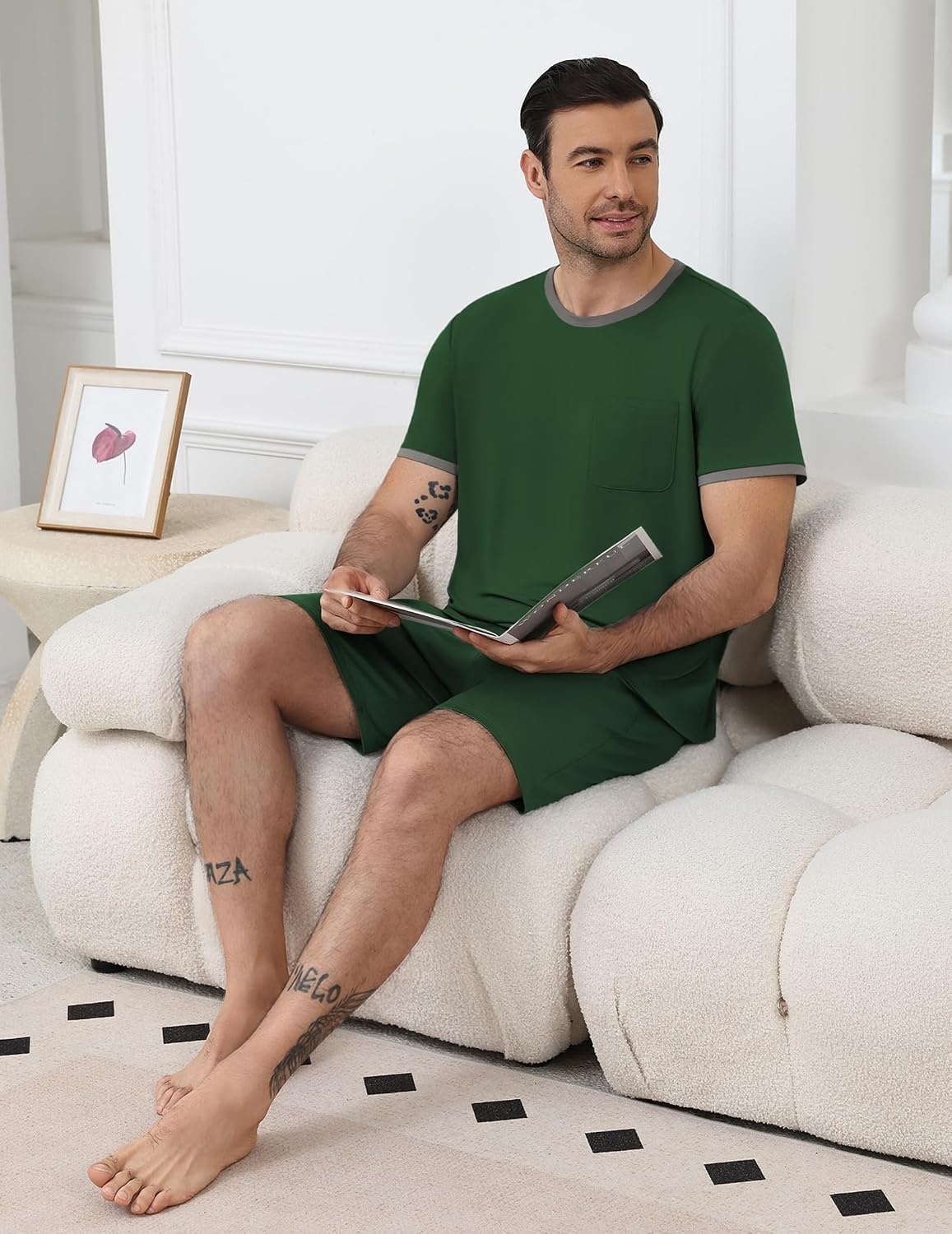 image:imageEkouaer Mens Pajamas Sets Shorts Soft Short Sleeve Pjs Round Neck Summer Sleepwear Soft Casual Sleep Nightwear Lounge Sets Pants with Pockets SXXLDeep Green