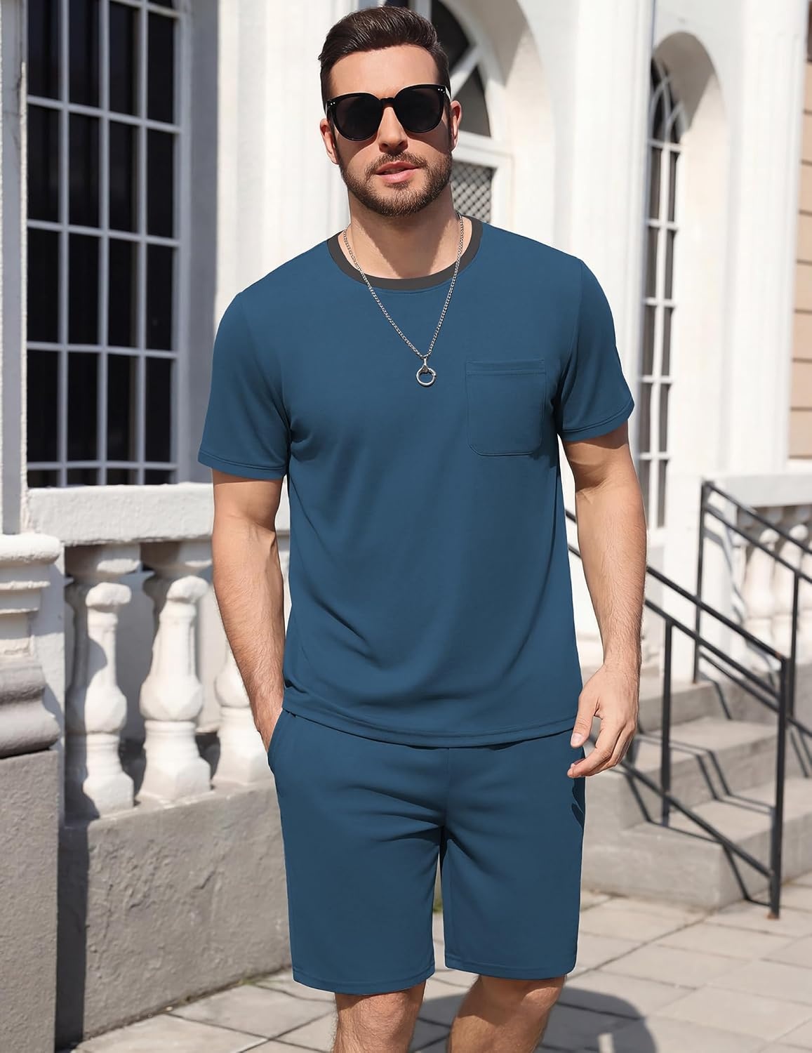 image:imageEkouaer Mens Pajamas Sets Shorts Soft Short Sleeve Pjs Round Neck Summer Sleepwear Soft Casual Sleep Nightwear Lounge Sets Pants with Pockets SXXLDeep Blue