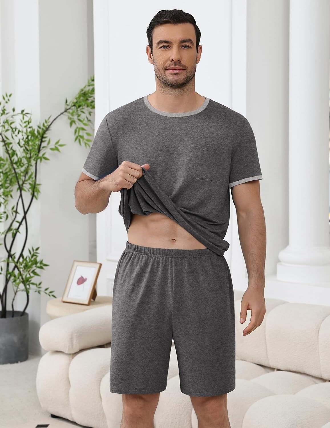 image:imageEkouaer Mens Pajamas Sets Shorts Soft Short Sleeve Pjs Round Neck Summer Sleepwear Soft Casual Sleep Nightwear Lounge Sets Pants with Pockets SXXLGrey
