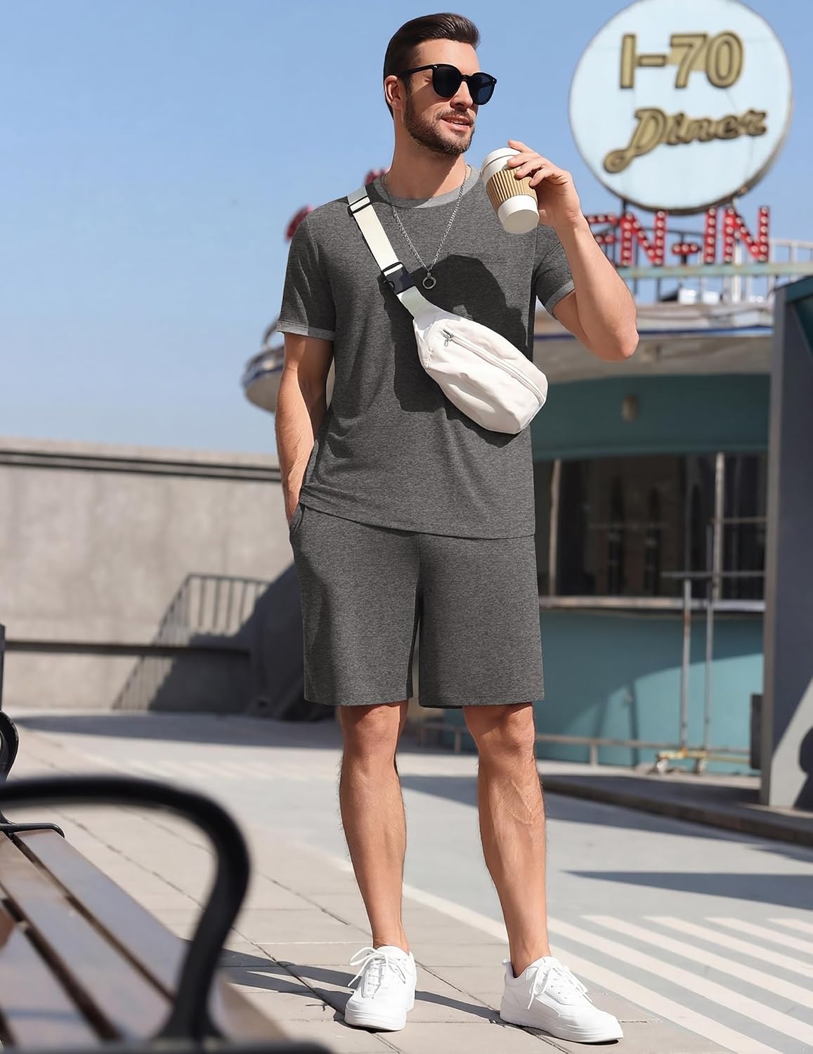 image:imageEkouaer Mens Pajamas Sets Shorts Soft Short Sleeve Pjs Round Neck Summer Sleepwear Soft Casual Sleep Nightwear Lounge Sets Pants with Pockets SXXLGrey