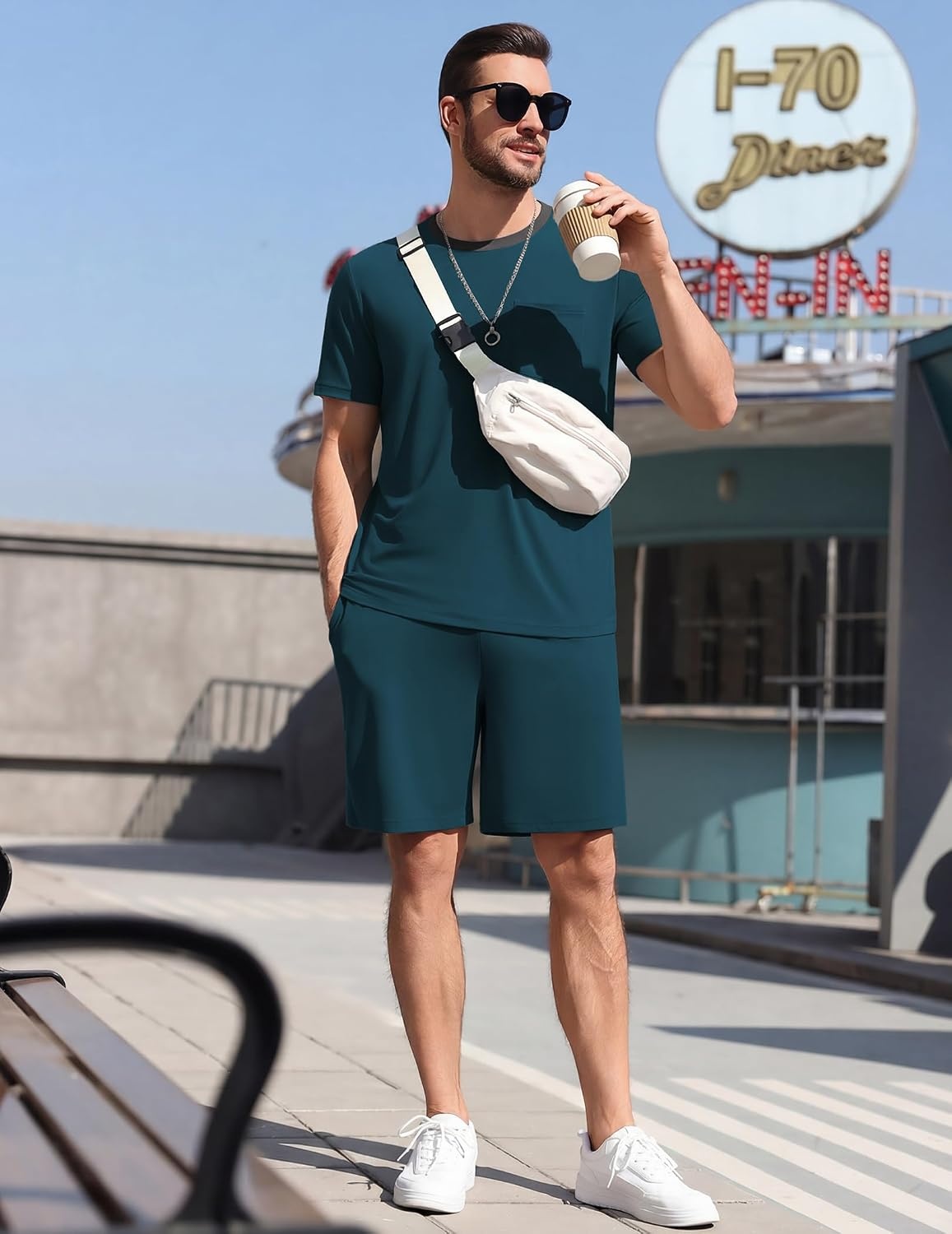 image:imageEkouaer Mens Pajamas Sets Shorts Soft Short Sleeve Pjs Round Neck Summer Sleepwear Soft Casual Sleep Nightwear Lounge Sets Pants with Pockets SXXLGreen