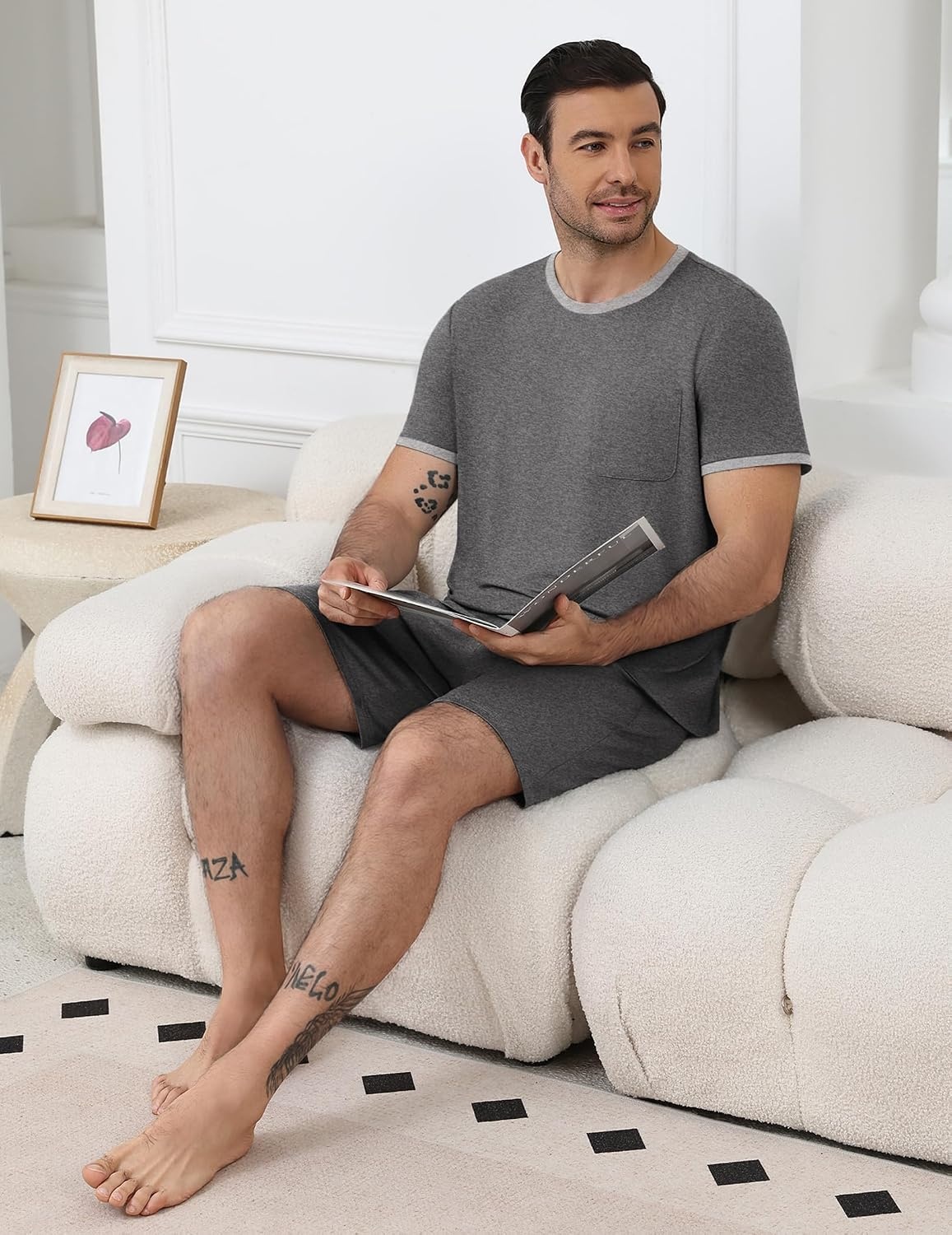 image:imageEkouaer Mens Pajamas Sets Shorts Soft Short Sleeve Pjs Round Neck Summer Sleepwear Soft Casual Sleep Nightwear Lounge Sets Pants with Pockets SXXLGrey