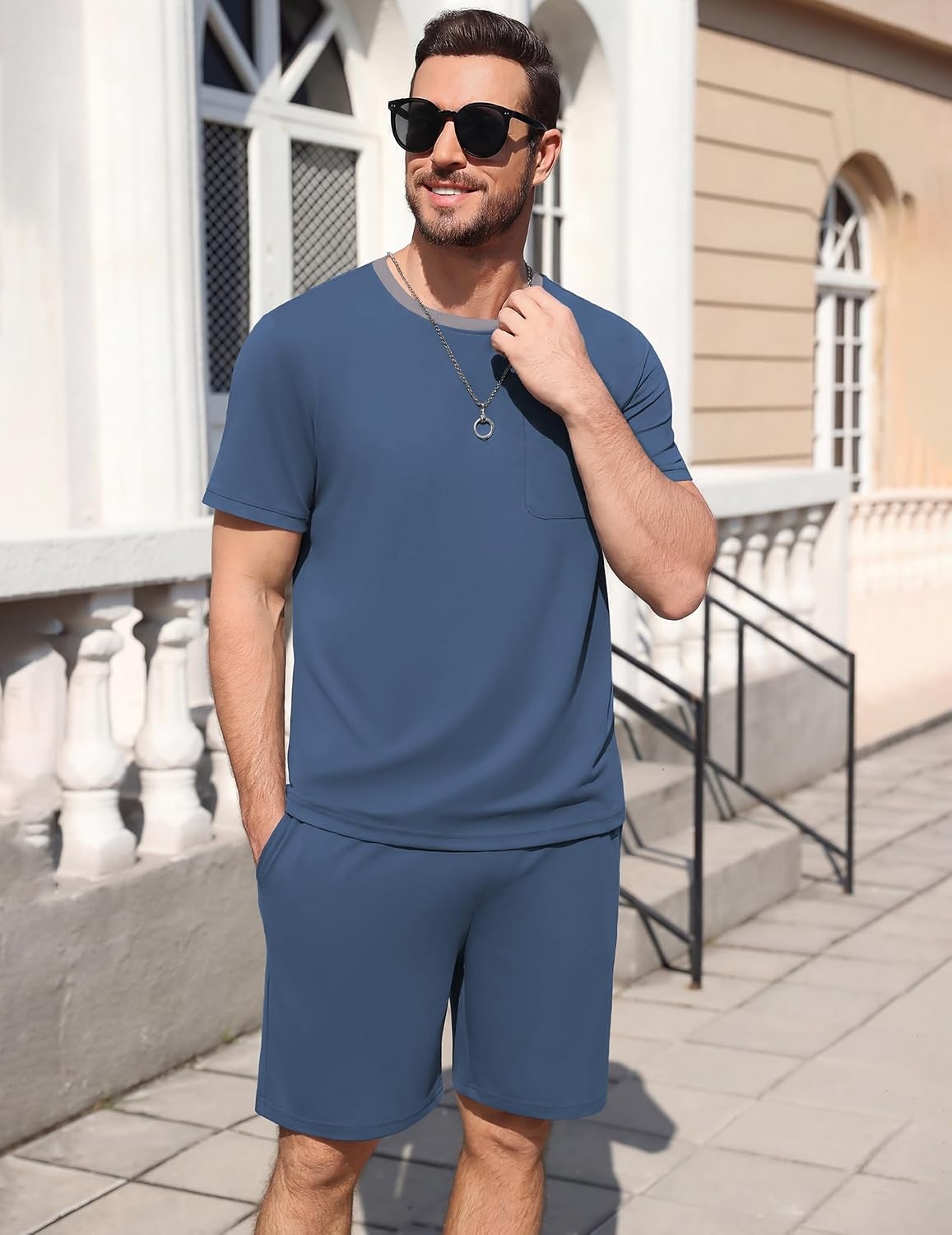 image:imageEkouaer Mens Pajamas Sets Shorts Soft Short Sleeve Pjs Round Neck Summer Sleepwear Soft Casual Sleep Nightwear Lounge Sets Pants with Pockets SXXLGrey Blue