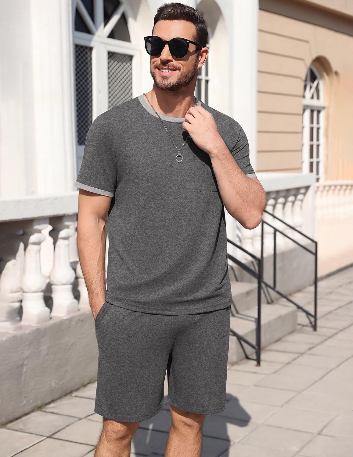 image:imageEkouaer Mens Pajamas Sets Shorts Soft Short Sleeve Pjs Round Neck Summer Sleepwear Soft Casual Sleep Nightwear Lounge Sets Pants with Pockets SXXLGrey