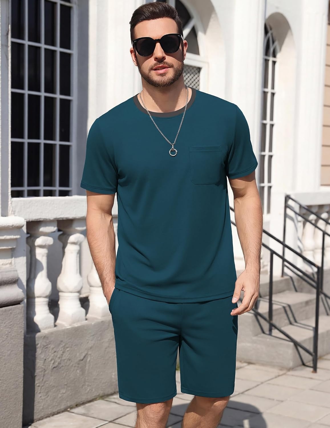 image:imageEkouaer Mens Pajamas Sets Shorts Soft Short Sleeve Pjs Round Neck Summer Sleepwear Soft Casual Sleep Nightwear Lounge Sets Pants with Pockets SXXLGreen
