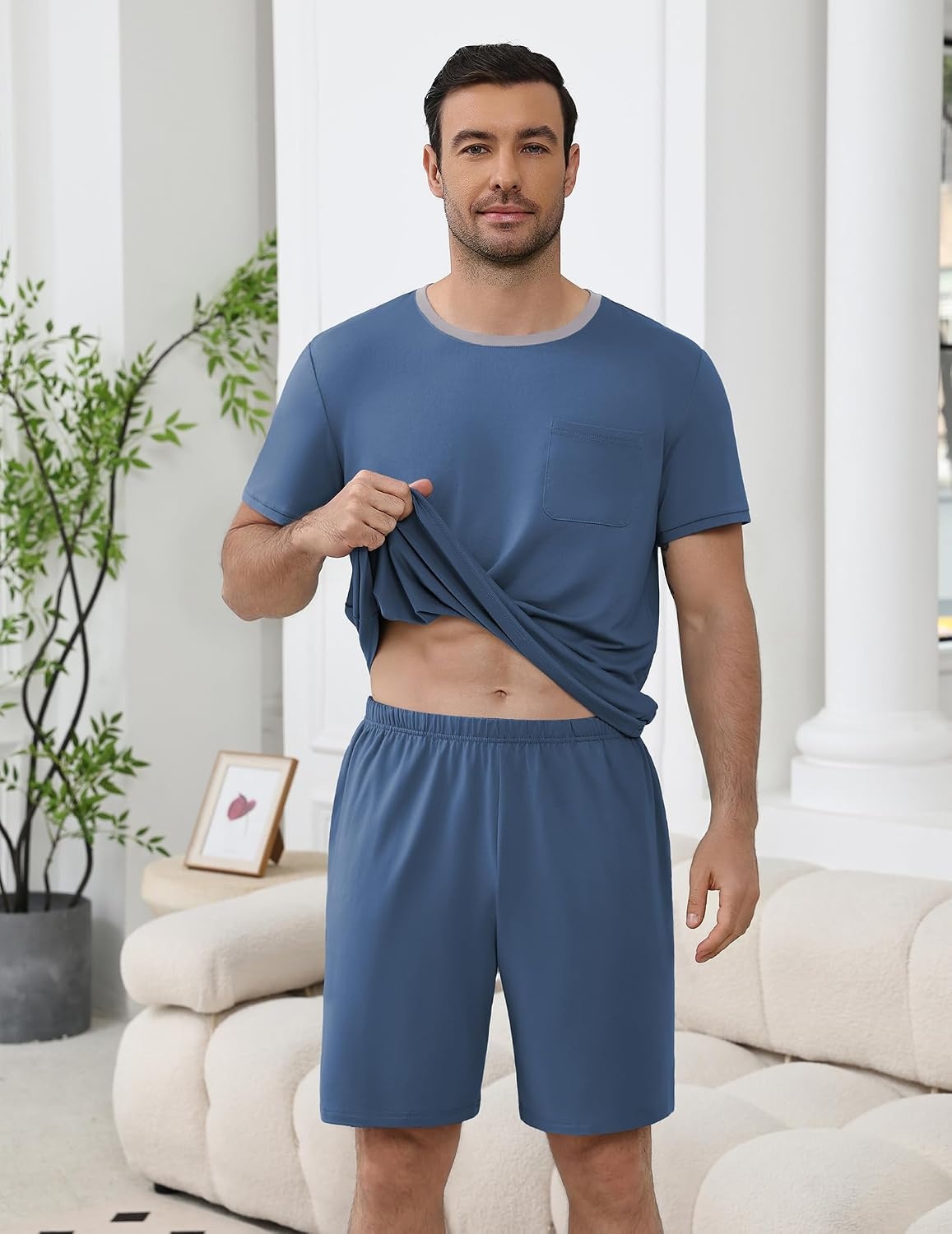 image:imageEkouaer Mens Pajamas Sets Shorts Soft Short Sleeve Pjs Round Neck Summer Sleepwear Soft Casual Sleep Nightwear Lounge Sets Pants with Pockets SXXLGrey Blue