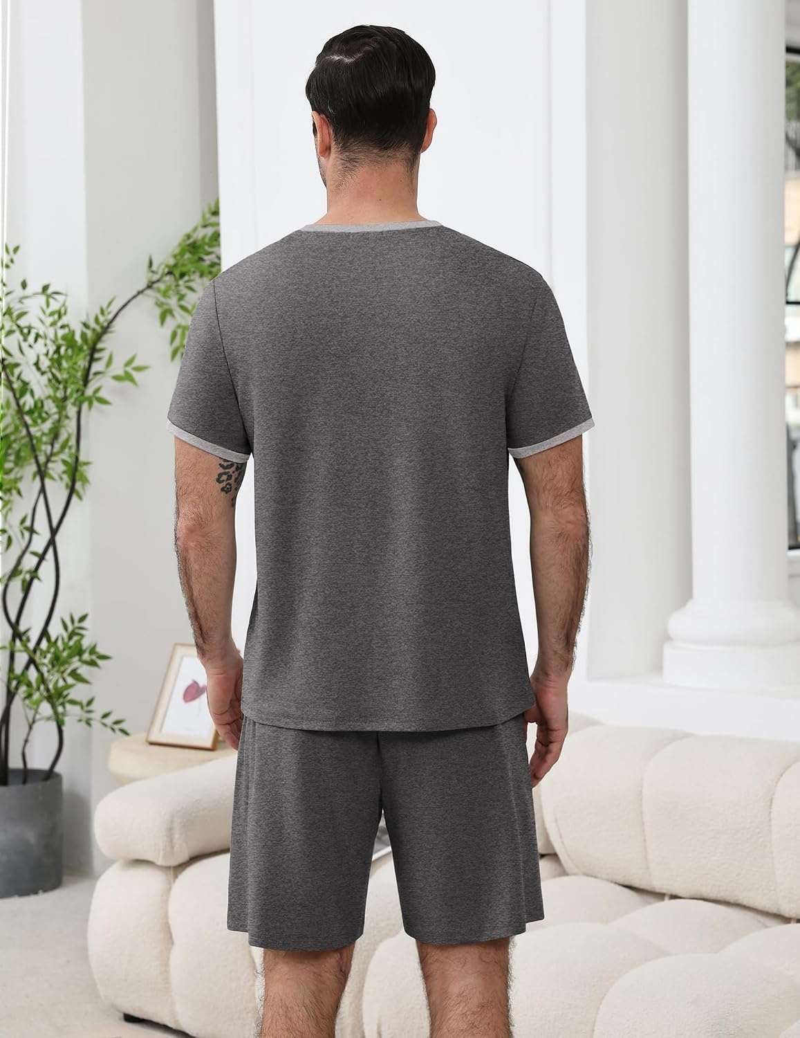 image:imageEkouaer Mens Pajamas Sets Shorts Soft Short Sleeve Pjs Round Neck Summer Sleepwear Soft Casual Sleep Nightwear Lounge Sets Pants with Pockets SXXLGrey