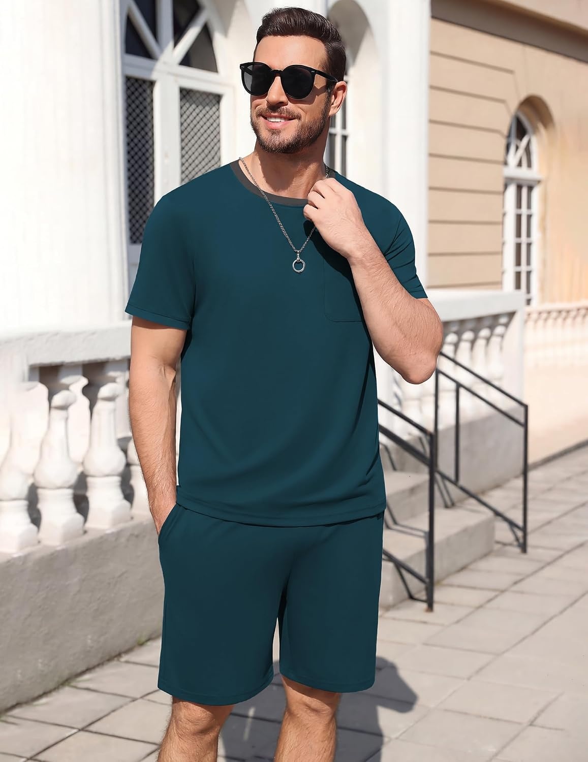 image:imageEkouaer Mens Pajamas Sets Shorts Soft Short Sleeve Pjs Round Neck Summer Sleepwear Soft Casual Sleep Nightwear Lounge Sets Pants with Pockets SXXLGreen