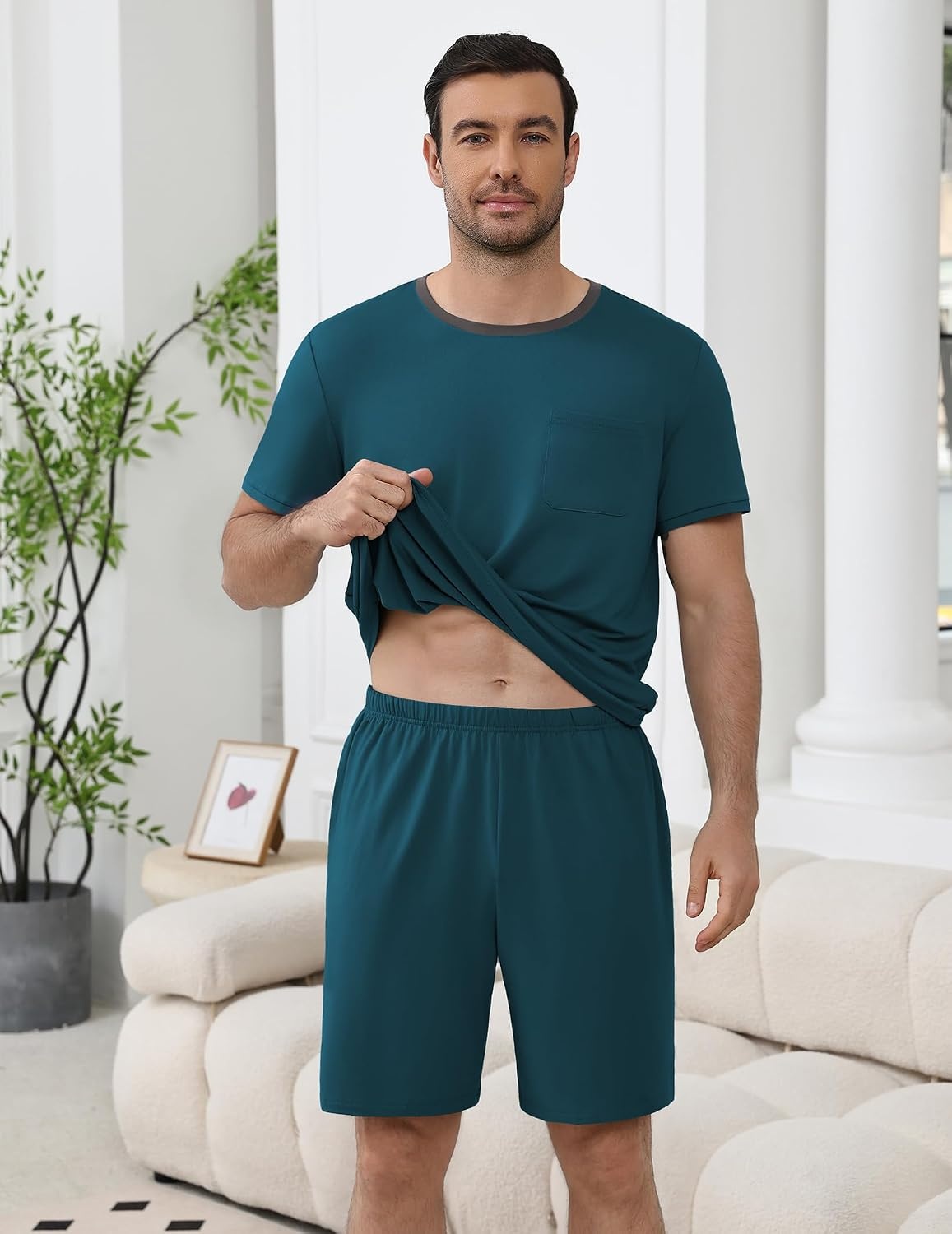 image:imageEkouaer Mens Pajamas Sets Shorts Soft Short Sleeve Pjs Round Neck Summer Sleepwear Soft Casual Sleep Nightwear Lounge Sets Pants with Pockets SXXLGreen