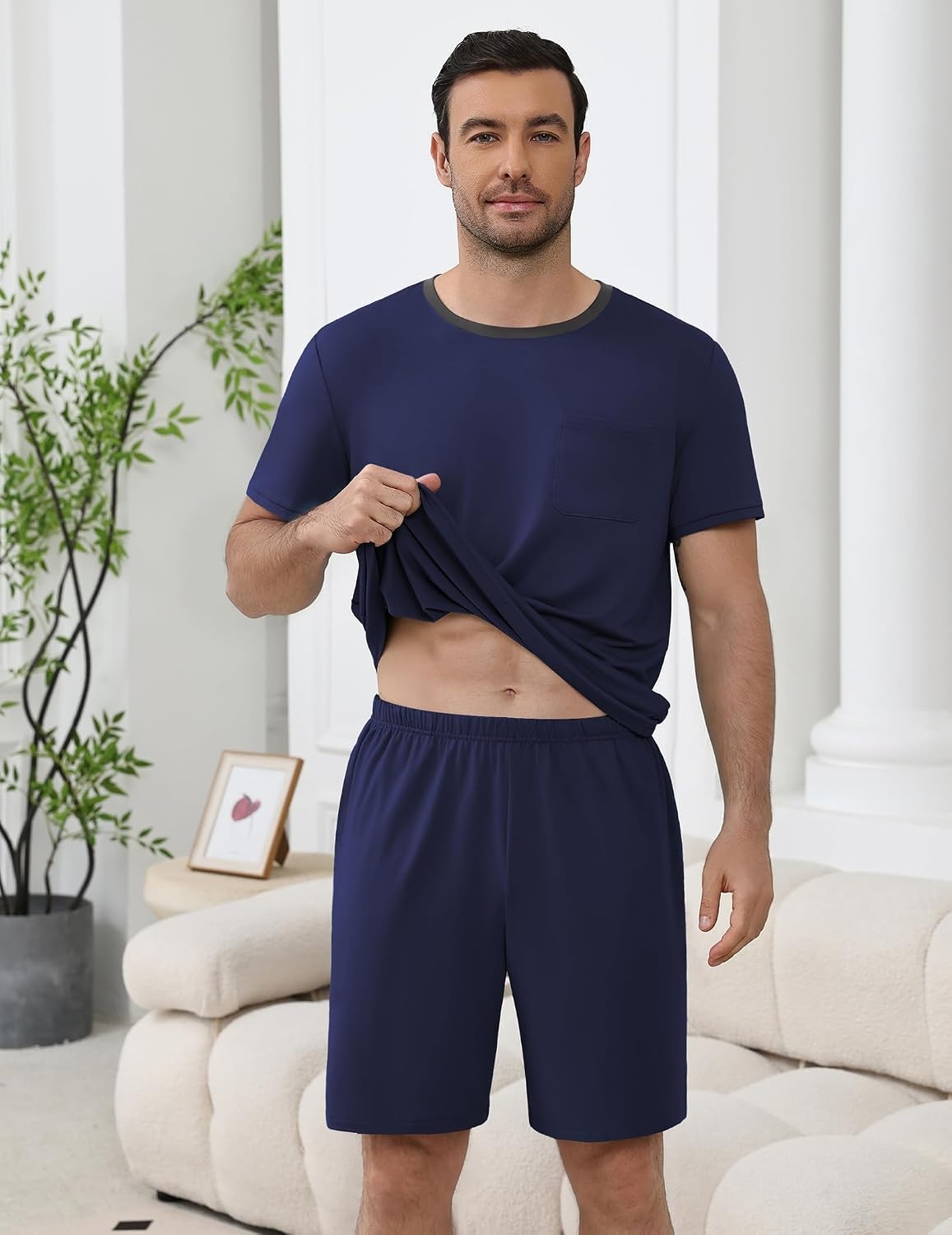 image:imageEkouaer Mens Pajamas Sets Shorts Soft Short Sleeve Pjs Round Neck Summer Sleepwear Soft Casual Sleep Nightwear Lounge Sets Pants with Pockets SXXLNavy Blue