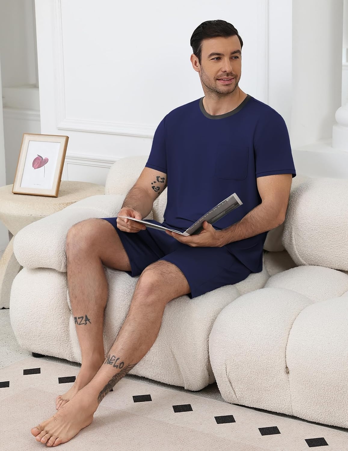 image:imageEkouaer Mens Pajamas Sets Shorts Soft Short Sleeve Pjs Round Neck Summer Sleepwear Soft Casual Sleep Nightwear Lounge Sets Pants with Pockets SXXLNavy Blue