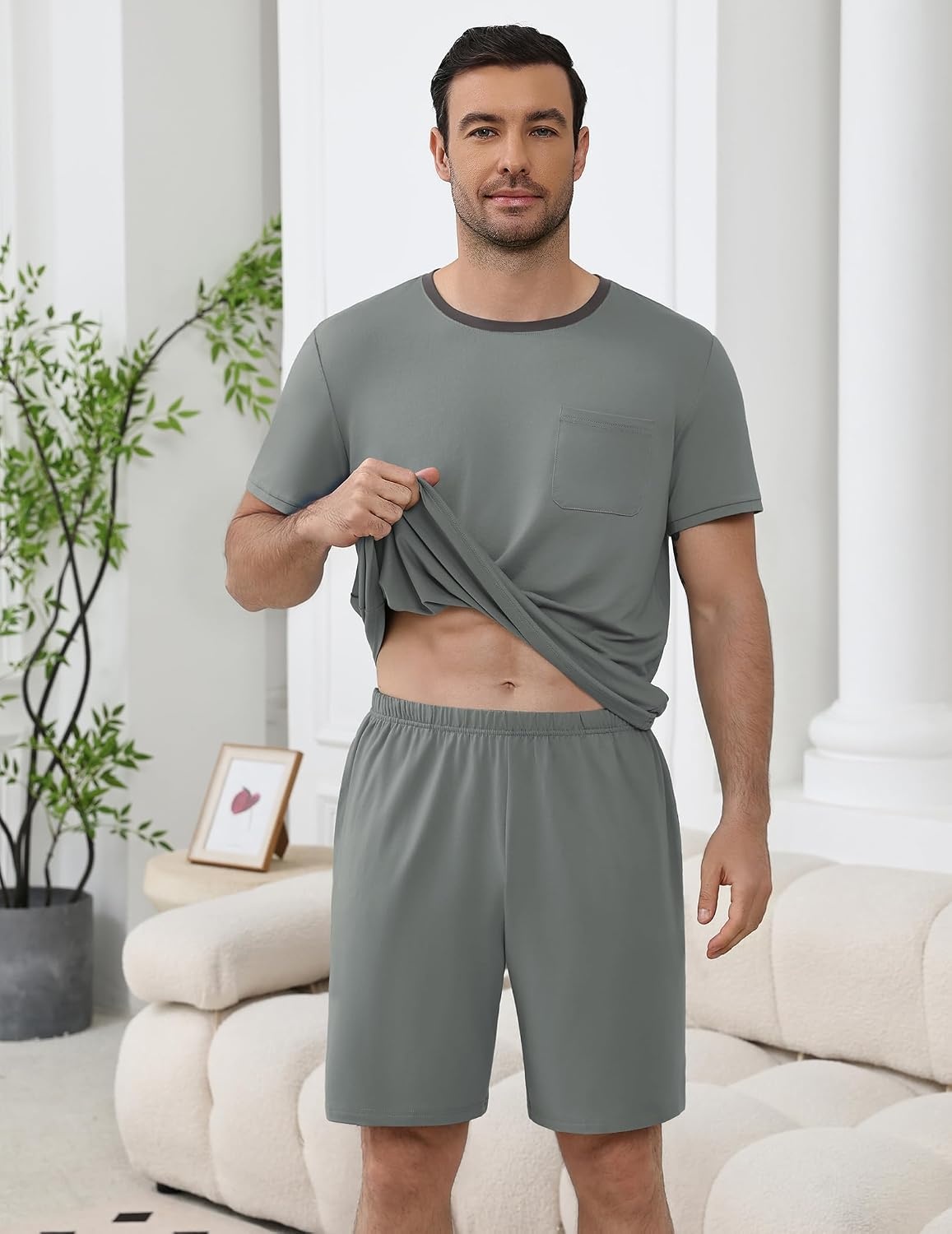image:imageEkouaer Mens Pajamas Sets Shorts Soft Short Sleeve Pjs Round Neck Summer Sleepwear Soft Casual Sleep Nightwear Lounge Sets Pants with Pockets SXXLSage Green